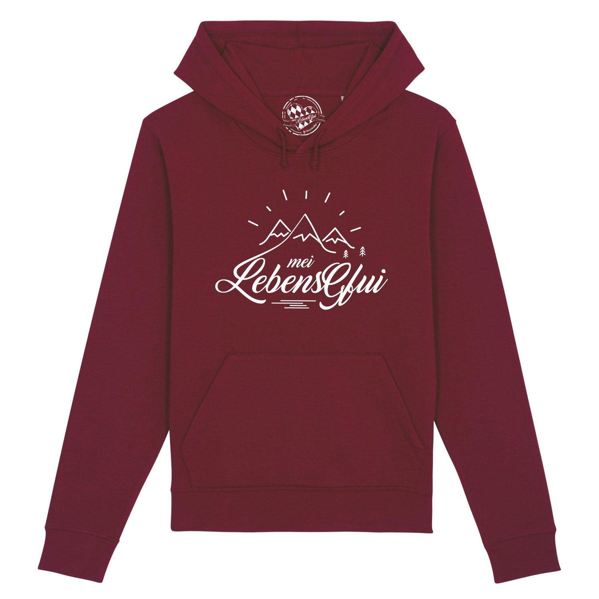 Damen Hoodie "Mei LebensGfui" in Bordeauxrot mit weißem Berg- und Schriftzugmotiv, Kängurutasche.