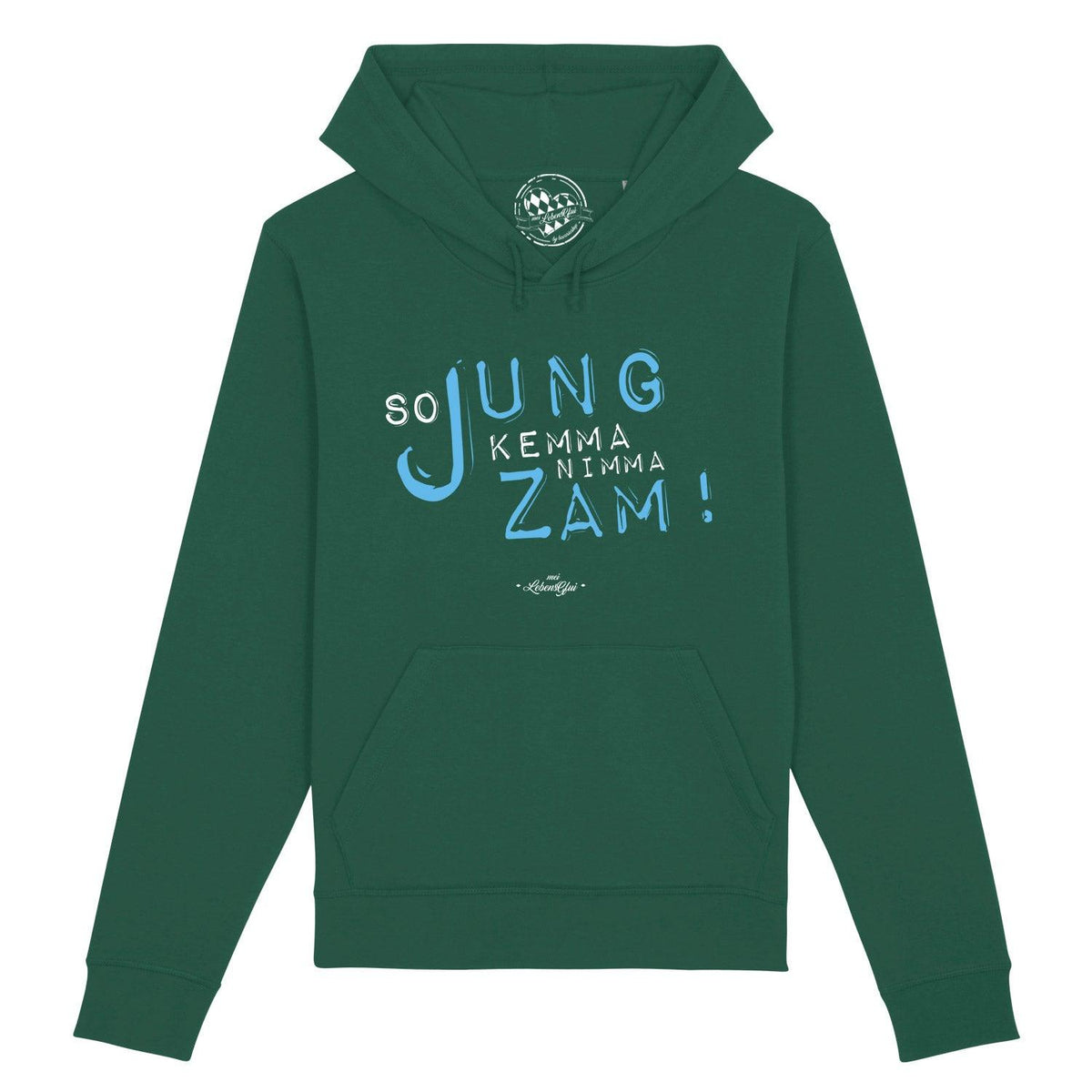 Dunkelgrüner Damen Hoodie "So jung" mit weißer und blauer Aufschrift, Kapuze und Bauchtasche.
