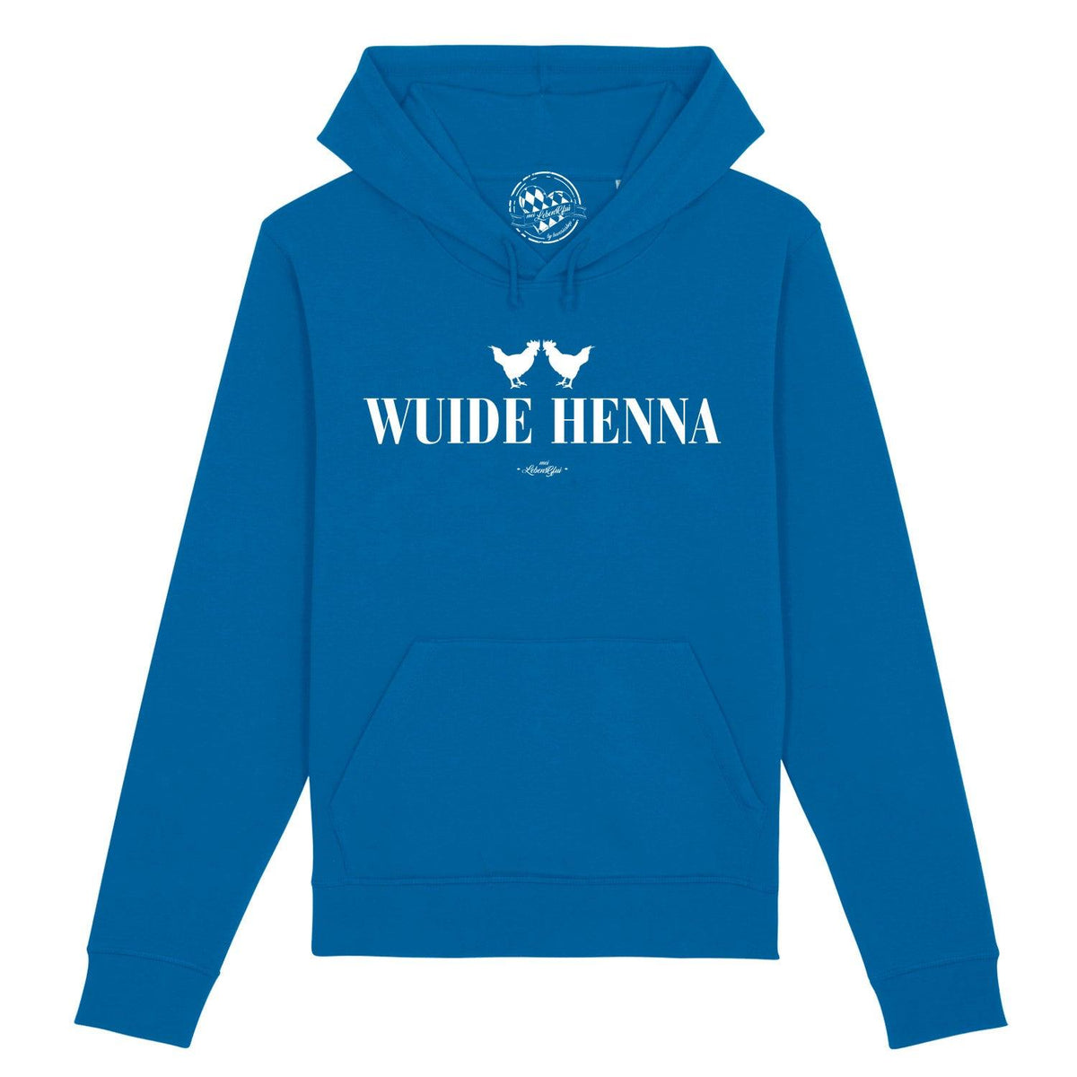 Blauer Hoodie "Wuide Henna" mit weißem Schriftzug und zwei stilisierten Hühnern auf der Brust, Bauchtasche.