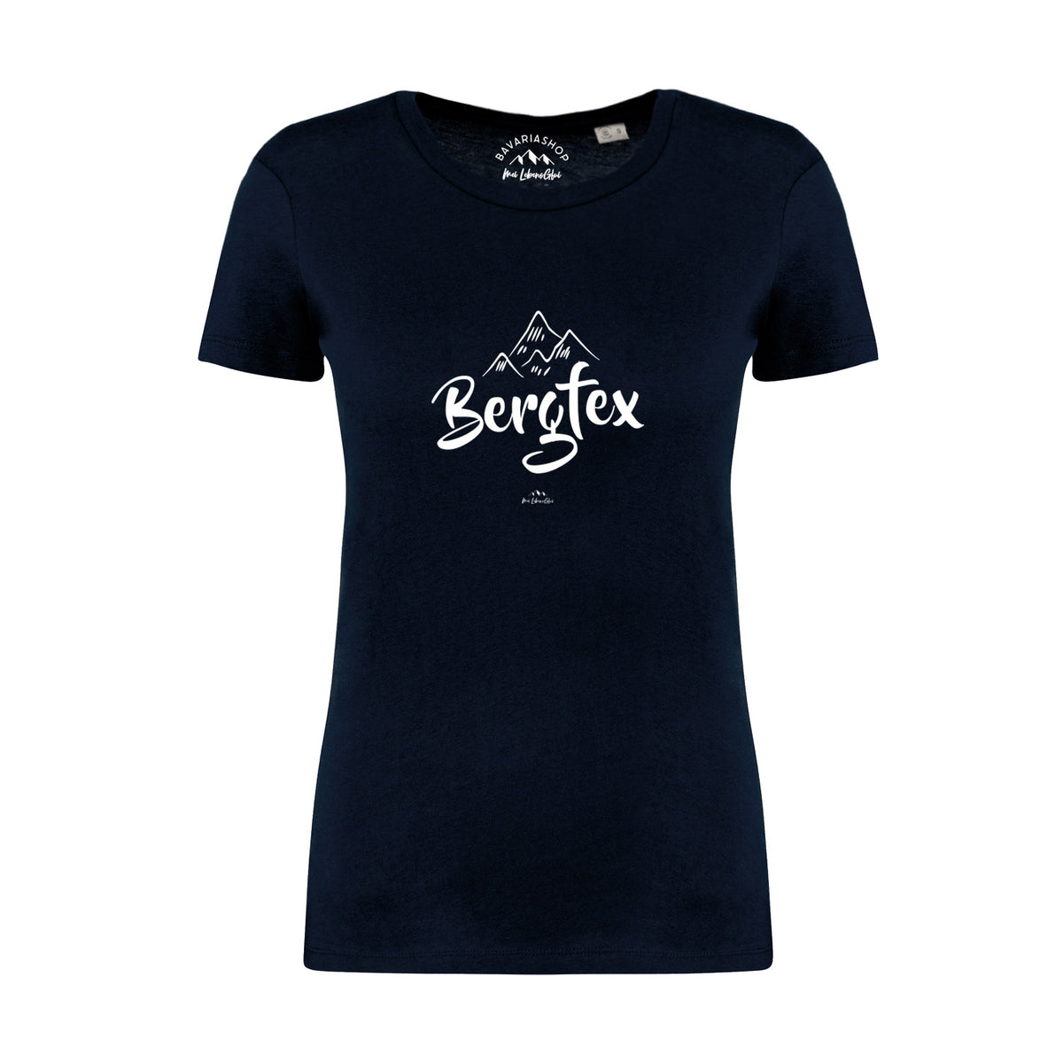 Dunkelblaues Damen T-Shirt Bergfex mit weißem Aufdruck einer Berglandschaft und Schriftzug