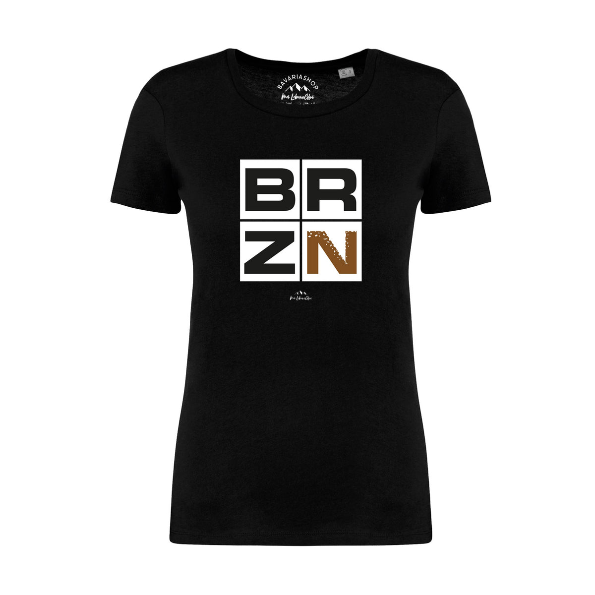Schwarzes Damen T-Shirt BRZN mit weißem quadratischem "BRZN" Print, wobei das N braun ist, aus Baumwolle.