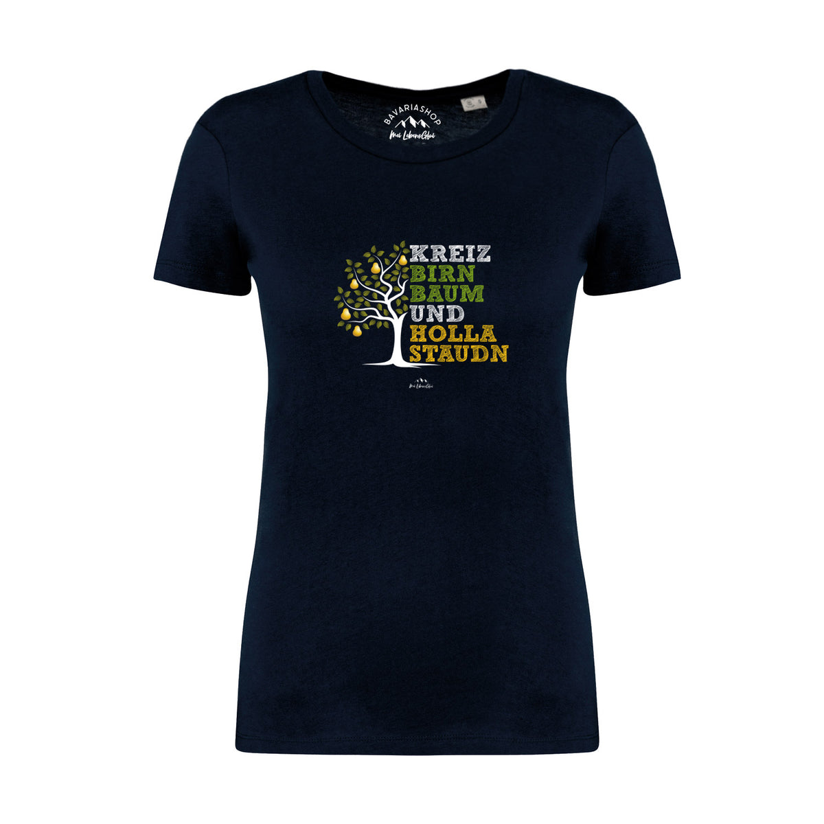 Dunkelblaues Damen T-Shirt Kreizbirnbaum mit hellem Birnbaum-Motiv und bayerischem Spruch auf der Brust.