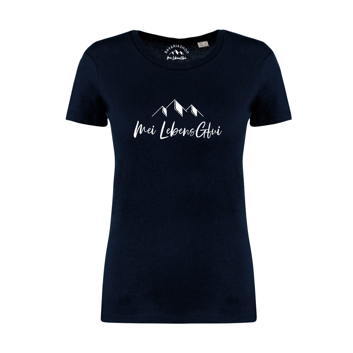 Damen T-Shirt "Mei LebensGfui" in Dunkelblau mit weißem Berge-Print und Schriftzug auf der Brust.