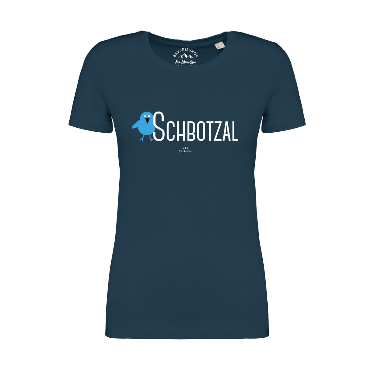Damen T-Shirt in Pfauenblau mit weißem „Schbotzal“-Schriftzug, Kurzarm, aus 100 % Bio-Baumwolle.