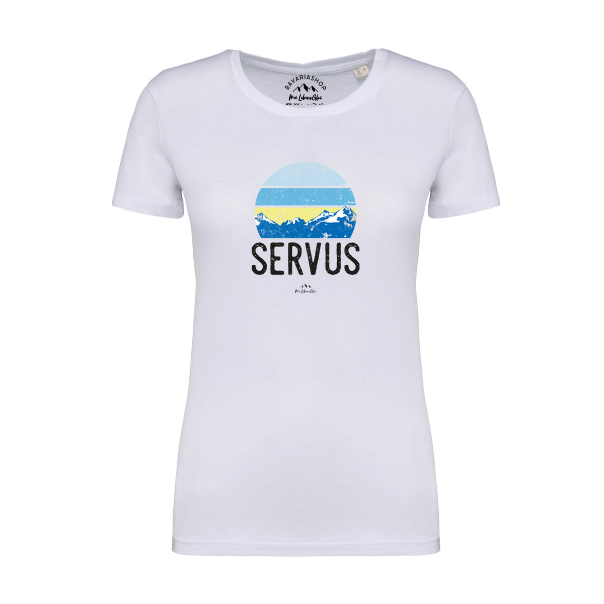 Weißes Damen T-Shirt Servus mit blau-gelbem Sonnenuntergangs-Motiv und Berglandschaft Print in Vintage-Optik