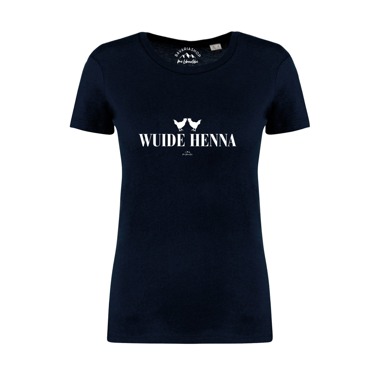 Dunkelblaues Damen T-Shirt "Wuide Henna" mit weißem Schriftzug und Hühner-Grafik, taillierter Schnitt