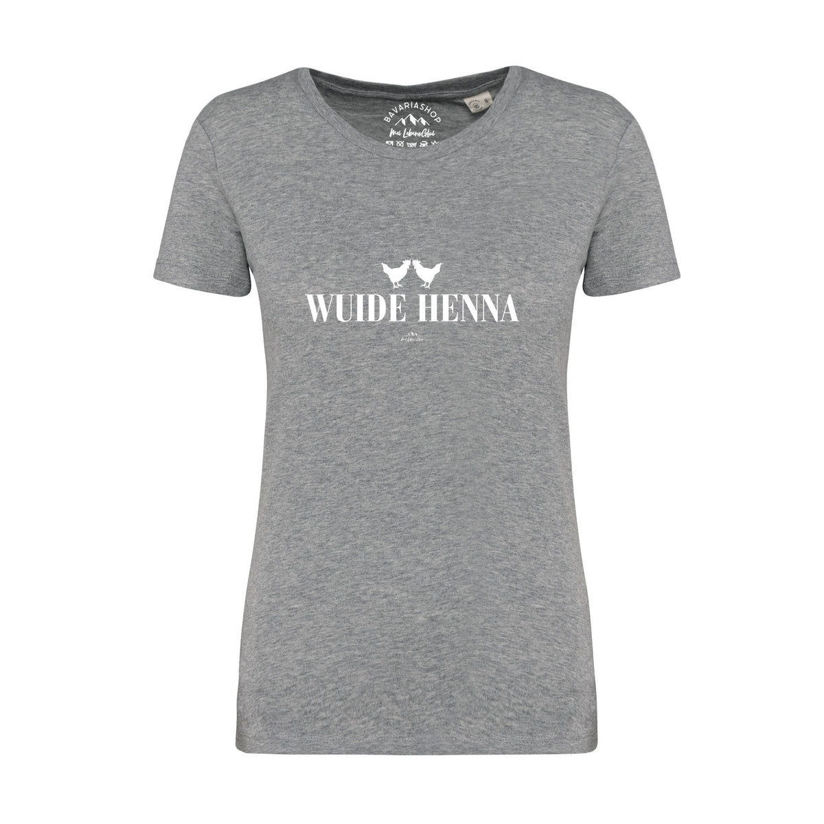Damen T-Shirt Wuide Henna in Grau mit weißem Aufdruck und zwei stilisierten Hühnern, Rundhals-Ausschnitt.