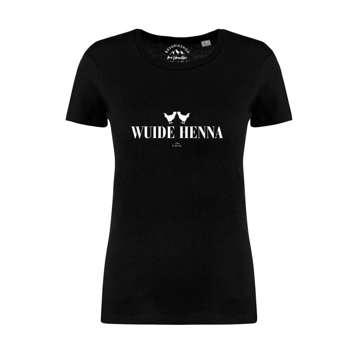 Schwarzes Damen T-Shirt "Wuide Henna" mit weißem Schriftzug und zwei Hühner-Silhouetten, klassischer Rundhals.