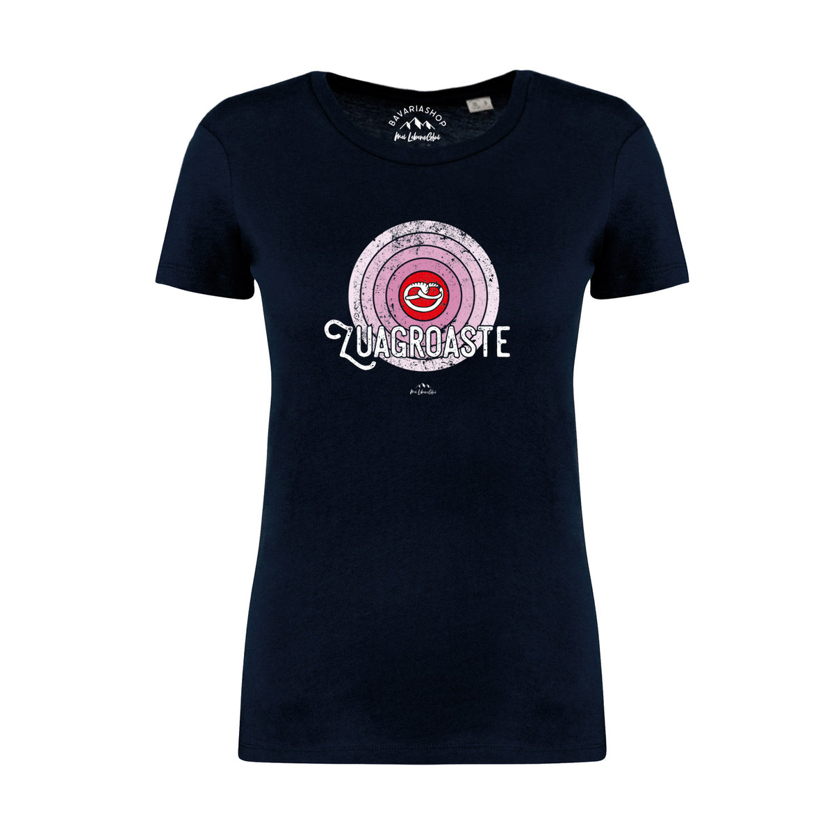 Dunkelblaues Damen T-Shirt Zuagroaste mit Aufdruck einer Schallplatte und dem Schriftzug in Weiß.