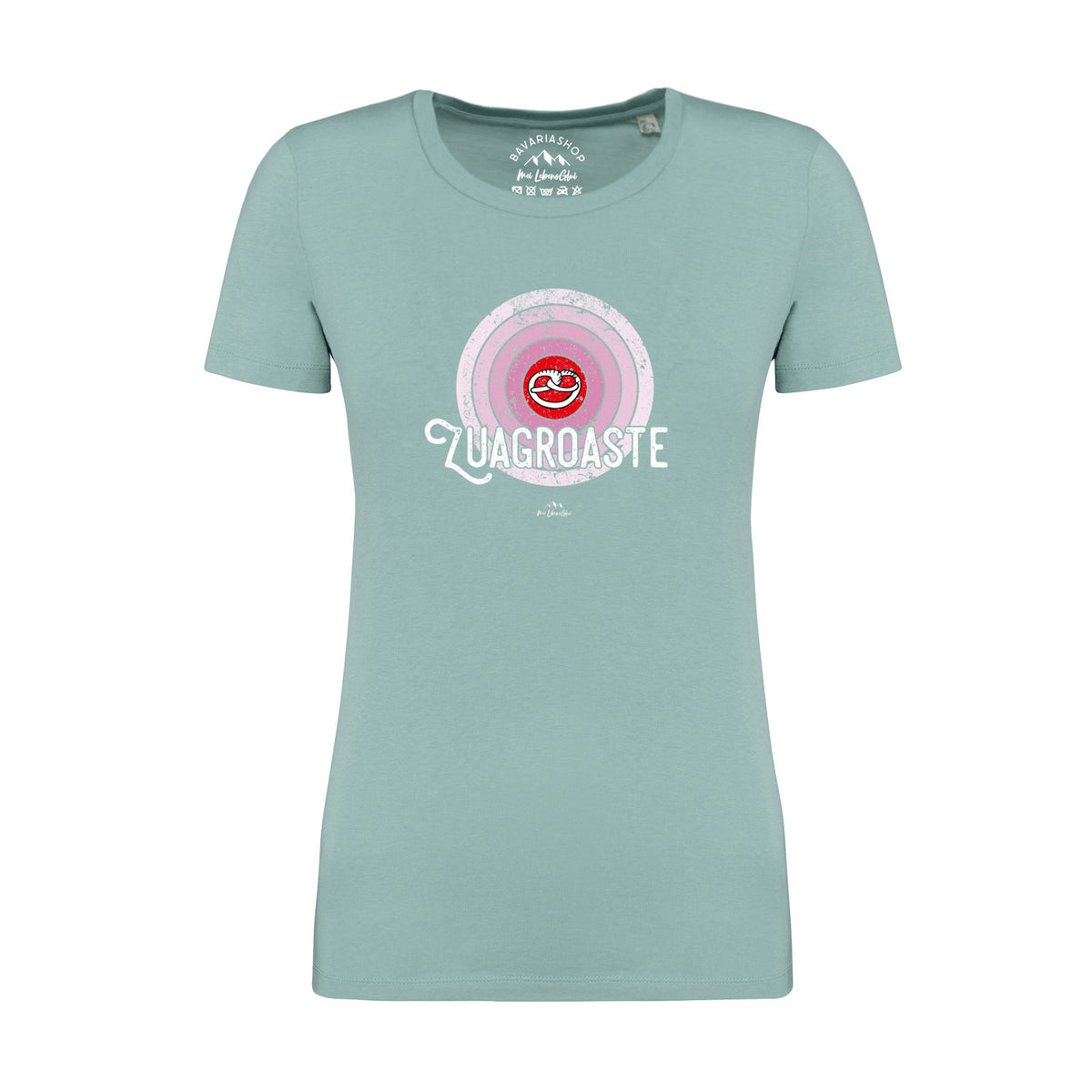 Damen T-Shirt Zuagroaste in Aquagrün mit rosa Schallplatten-Motiv und Lippen-Detail im Vintage-Look.