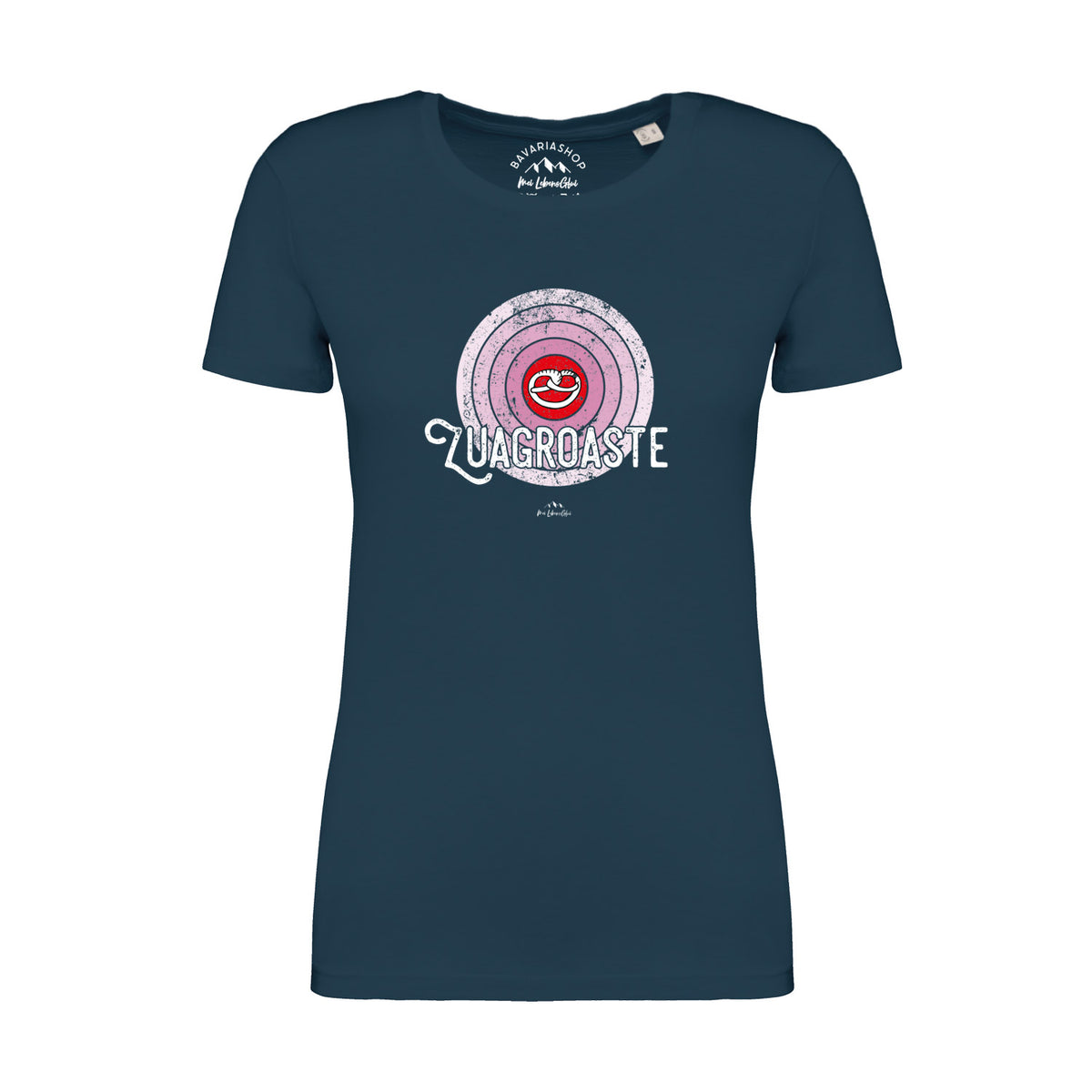 Dunkelblaues Damen T-Shirt "Zuagroaste" mit rosafarbenem Schallplatten-Motiv und weißer Schrift