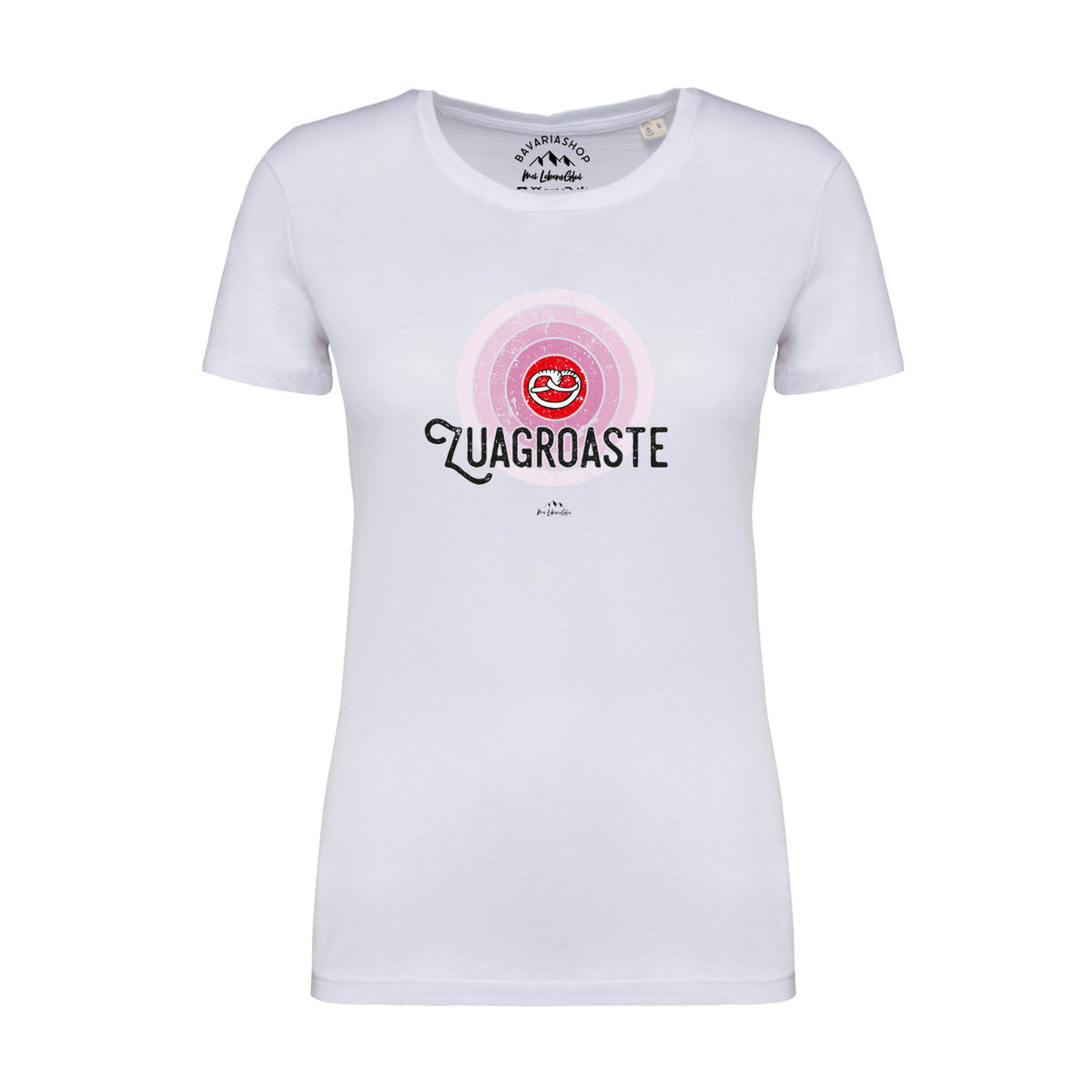 Weißes Damen T-Shirt "Zuagroaste" mit femininem Schnitt und Herzschlag-Design in Rosatönen, Baumwolle