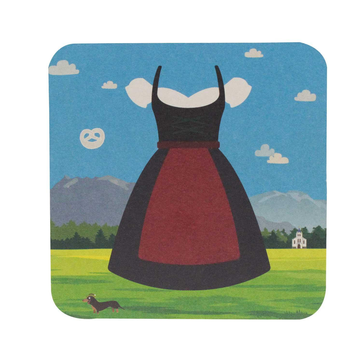 Runder Bierdeckel aus Pappe mit Dirndl-Motiv vorne, Lederhosen-Motiv hinten, hochwertig bedruckt, 93×93 mm, 20 Stück.