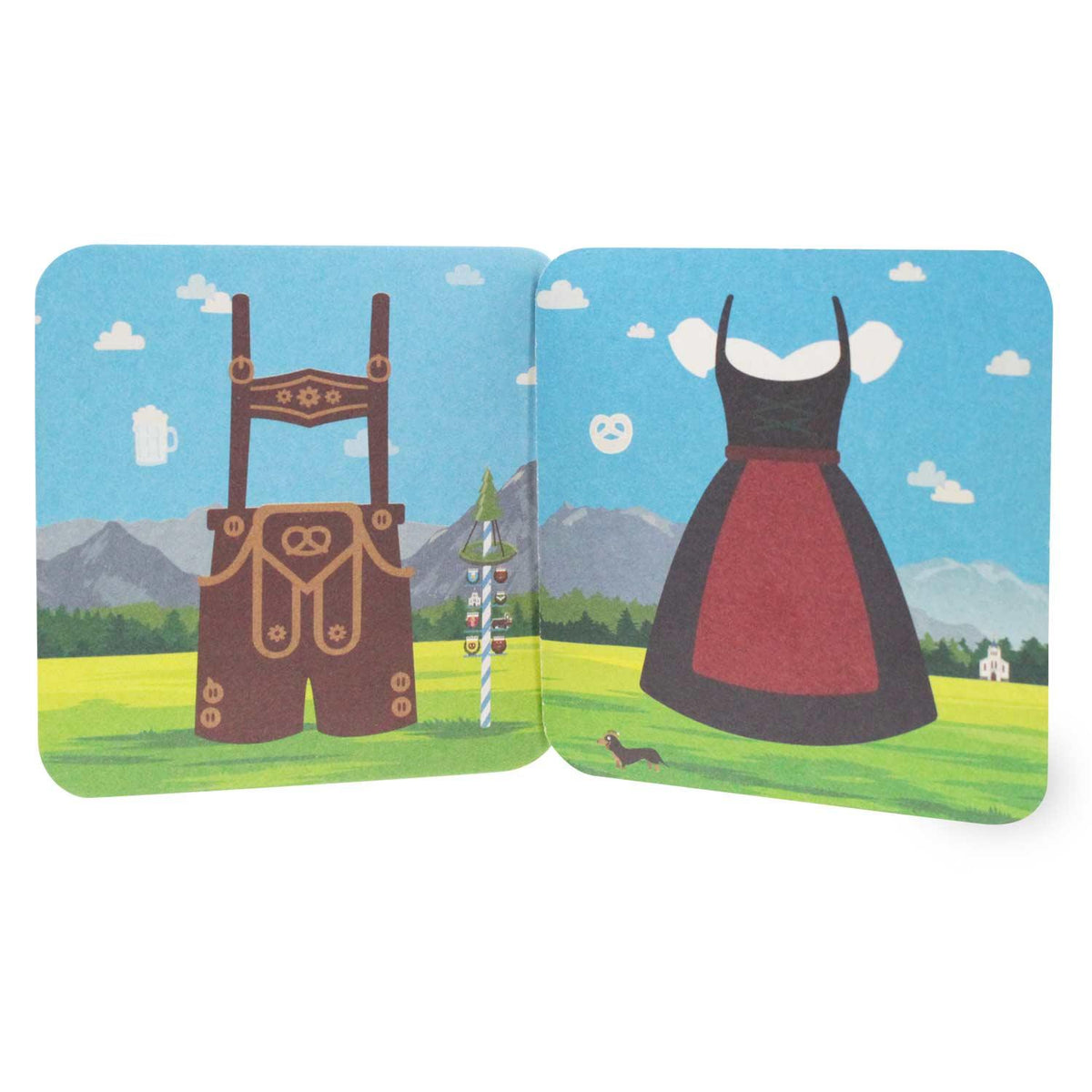 Quadratische Bierdeckel mit Dirndl-Motiv auf der Vorderseite und Lederhosen-Motiv auf der Rückseite, 20 Stück, 93×93 mm.