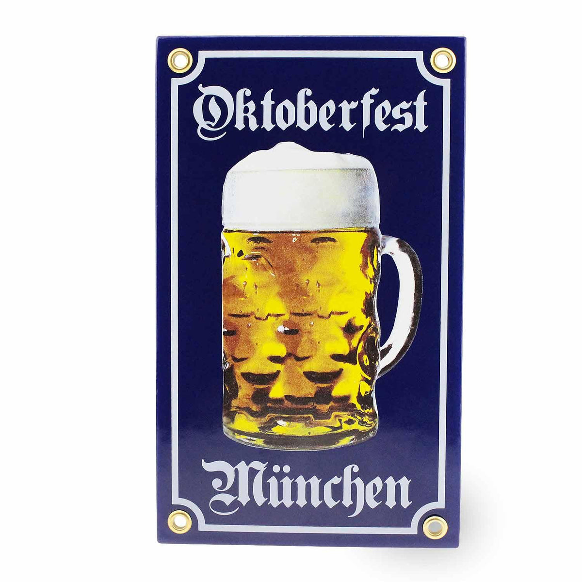 Rechteckiges, wetterfestes Emaille-Schild mit blau-weißem Rautenmuster und Schriftzug „Oktoberfest München“, ca. 12 x 20 cm.