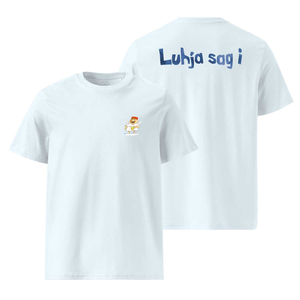 Weißes Engel Aloisius Herren T-Shirt A Bier sag i mit kleiner Aloisius-Grafik und blauem Rückenprint Luhja sag i.