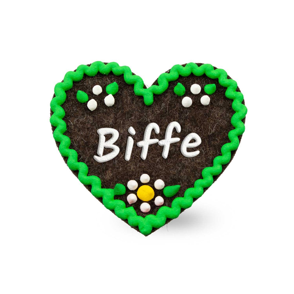 Filzherz-Anstecker Biffe in Braun mit grüner Bordüre, weißer Schrift und Blumenmuster.