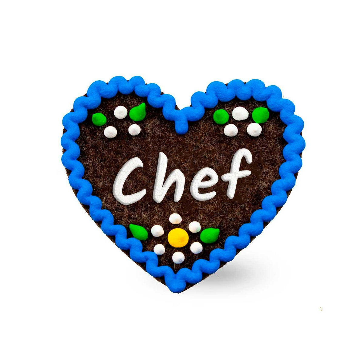 Brauner Filzherz-Anstecker "Chef" mit blauer Randverzierung und bunten Zuckerperlen-Details.
