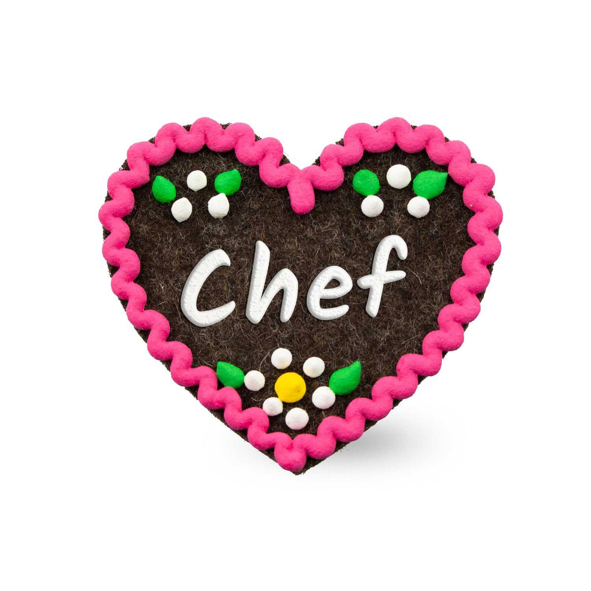Filzherz-Anstecker Chef in braun mit pinkem Rand und Blumenmuster, ideales Geschenk für den Chef.