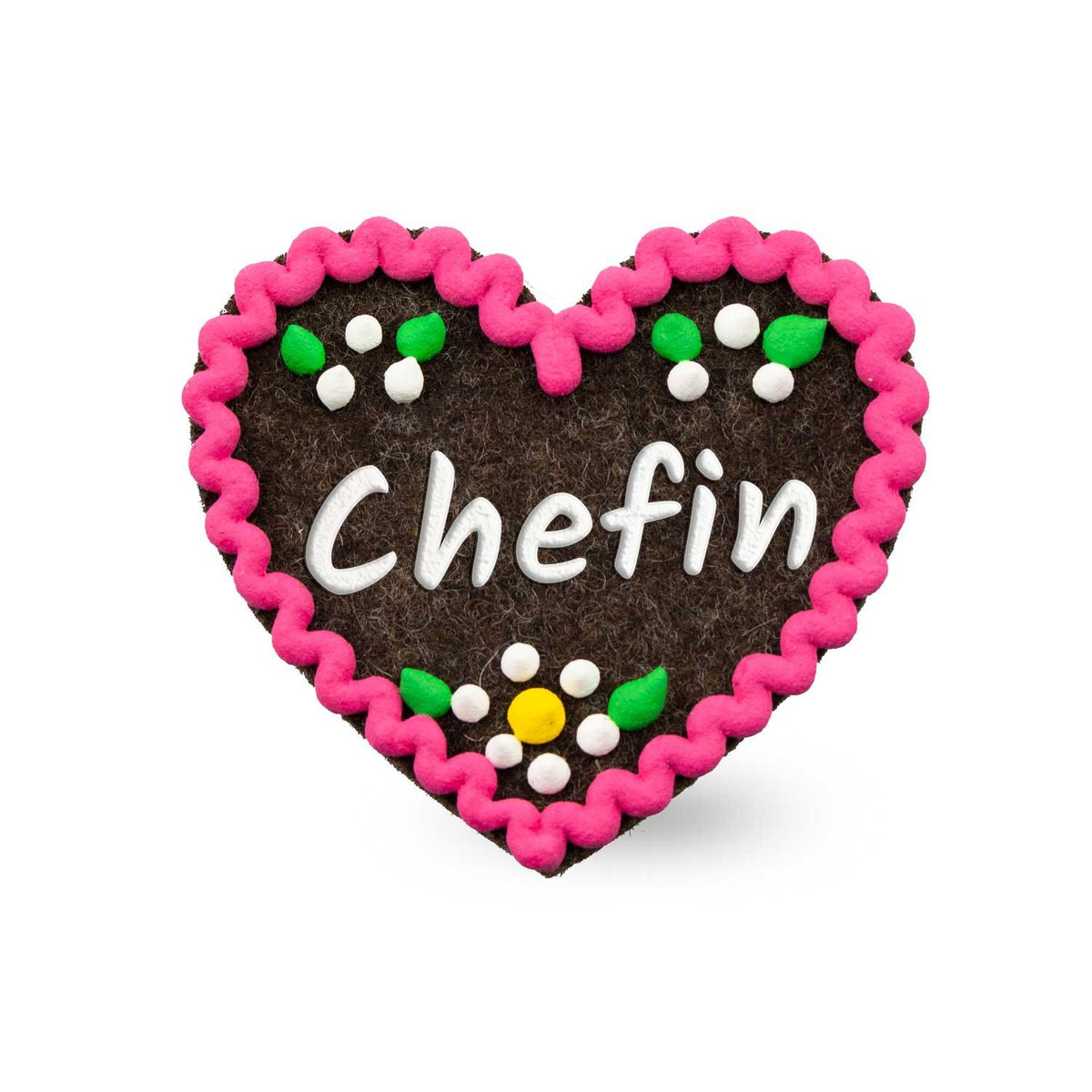 Brauner Filzherz-Anstecker Chefin mit rosa Umrandung und kleinen bunten Blumenapplikationen, bayerischer Schmuck.