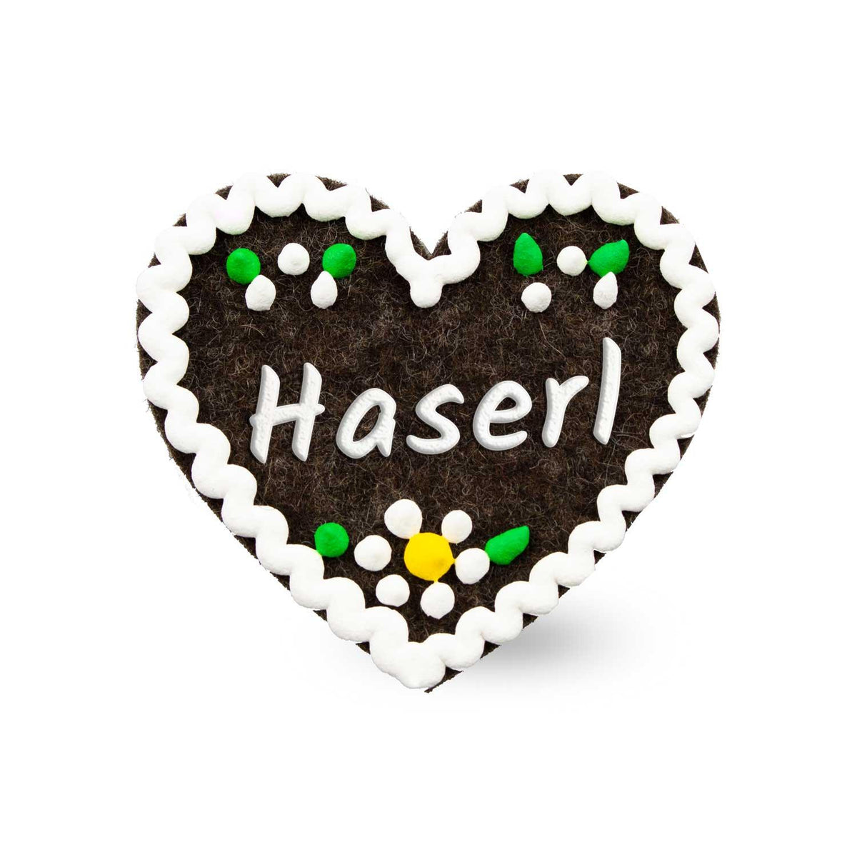 Brauner Filzherz-Anstecker "Haserl" mit weißer Kontur, farbigen Tupfen und Blumenmotiv, bayerisches Wiesn-Accessoire.