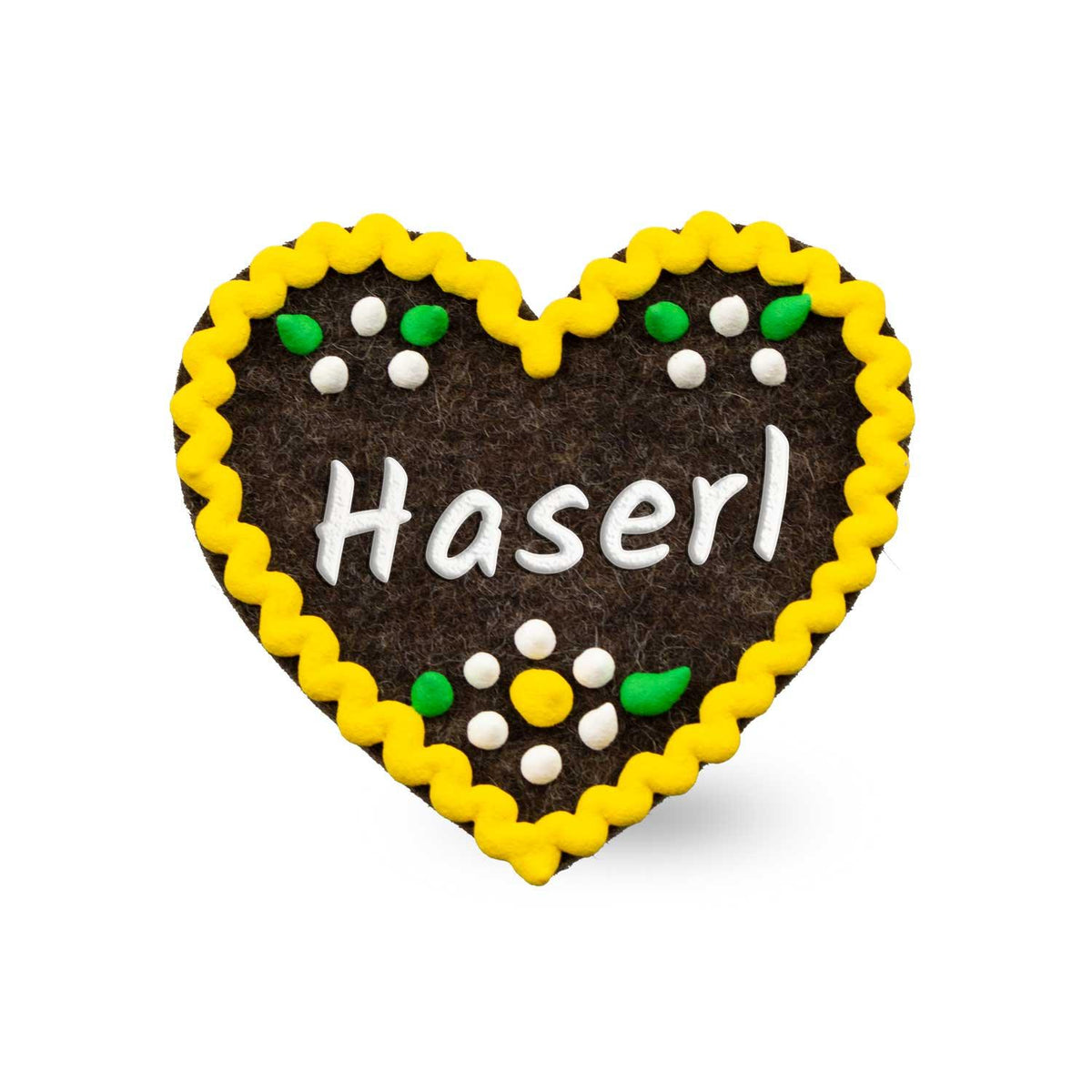 Brauner Filzherz-Anstecker "Haserl" mit gelbem Rand, weißen Punkten und grünen Blättern verziert