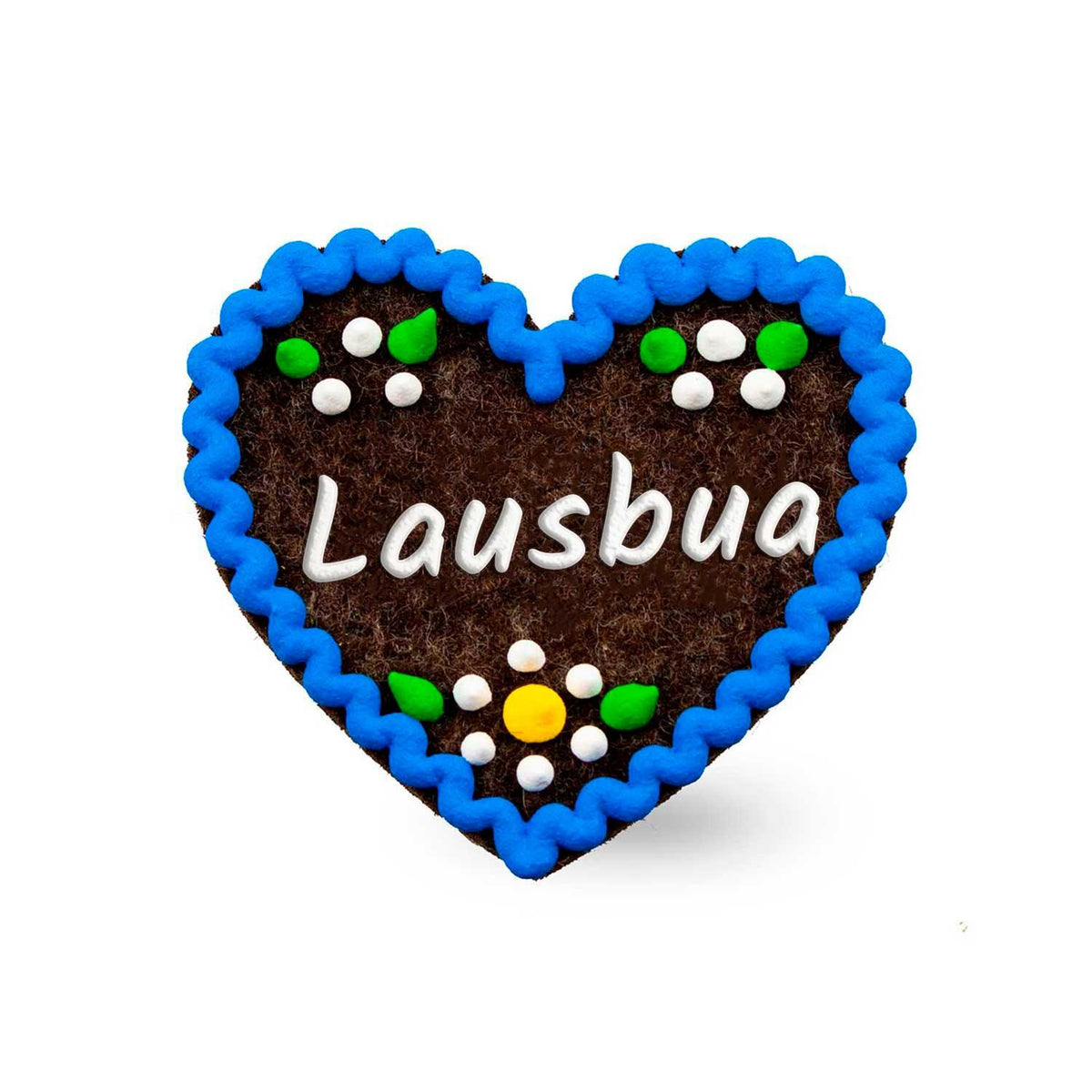 Brauner Filzherz-Anstecker "Lausbua" mit blauem Zuckerguss und bunten Verzierungen in Weiß, Grün und Gelb.