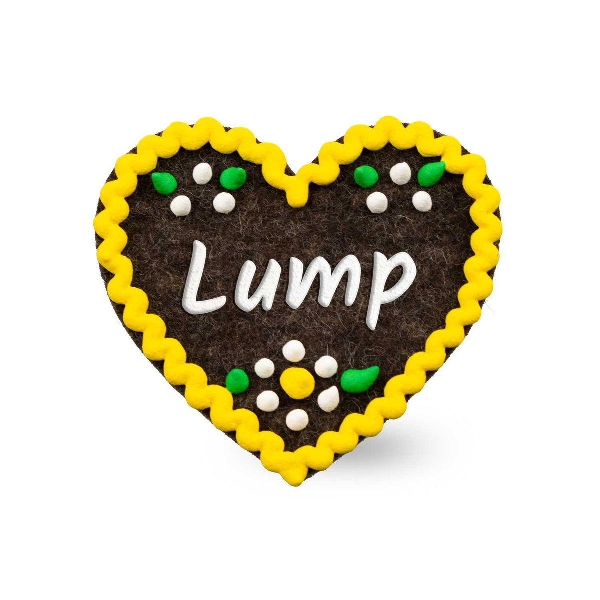 Brauner Filzherz-Anstecker "Lump" mit gelbem Rand und bunten Filzornamenten, ideal für Trachten.