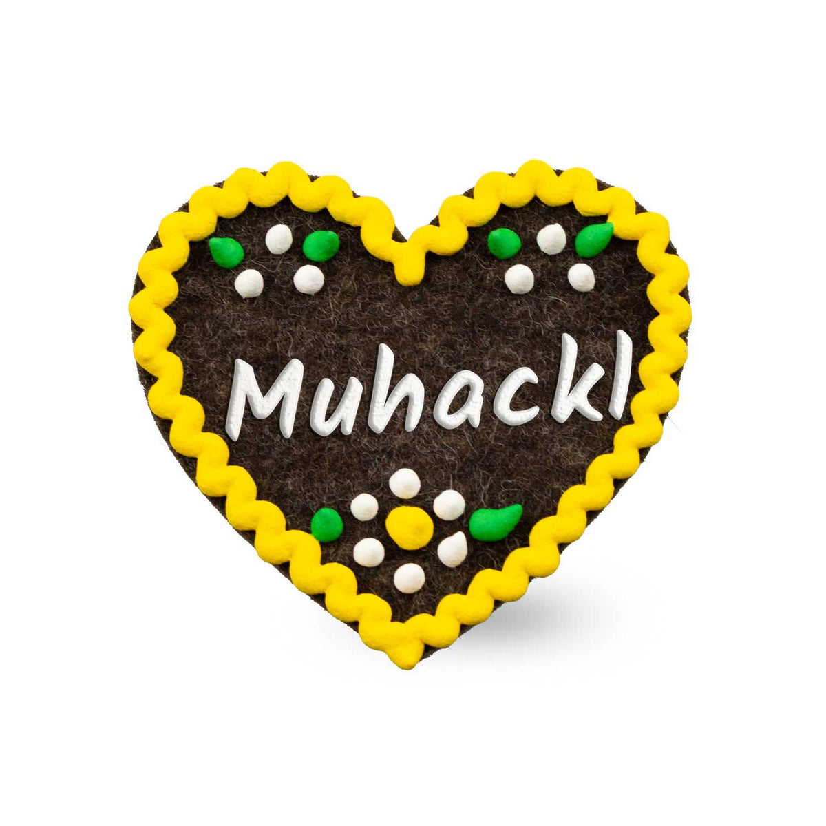 Dunkelbrauner Filzherz-Anstecker "Muhackl" mit gelbem Rand und weißen/grünen Dekopunkten, alpenländisch