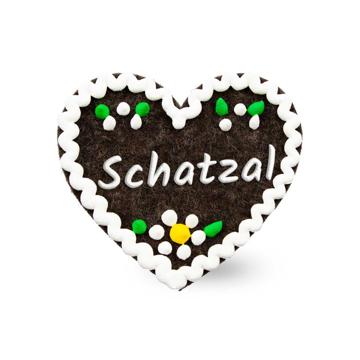 Filzherz-Anstecker Schatzal dunkelbraun, verziert mit weißer Schrift, kleinen Punkten und Blümchen.