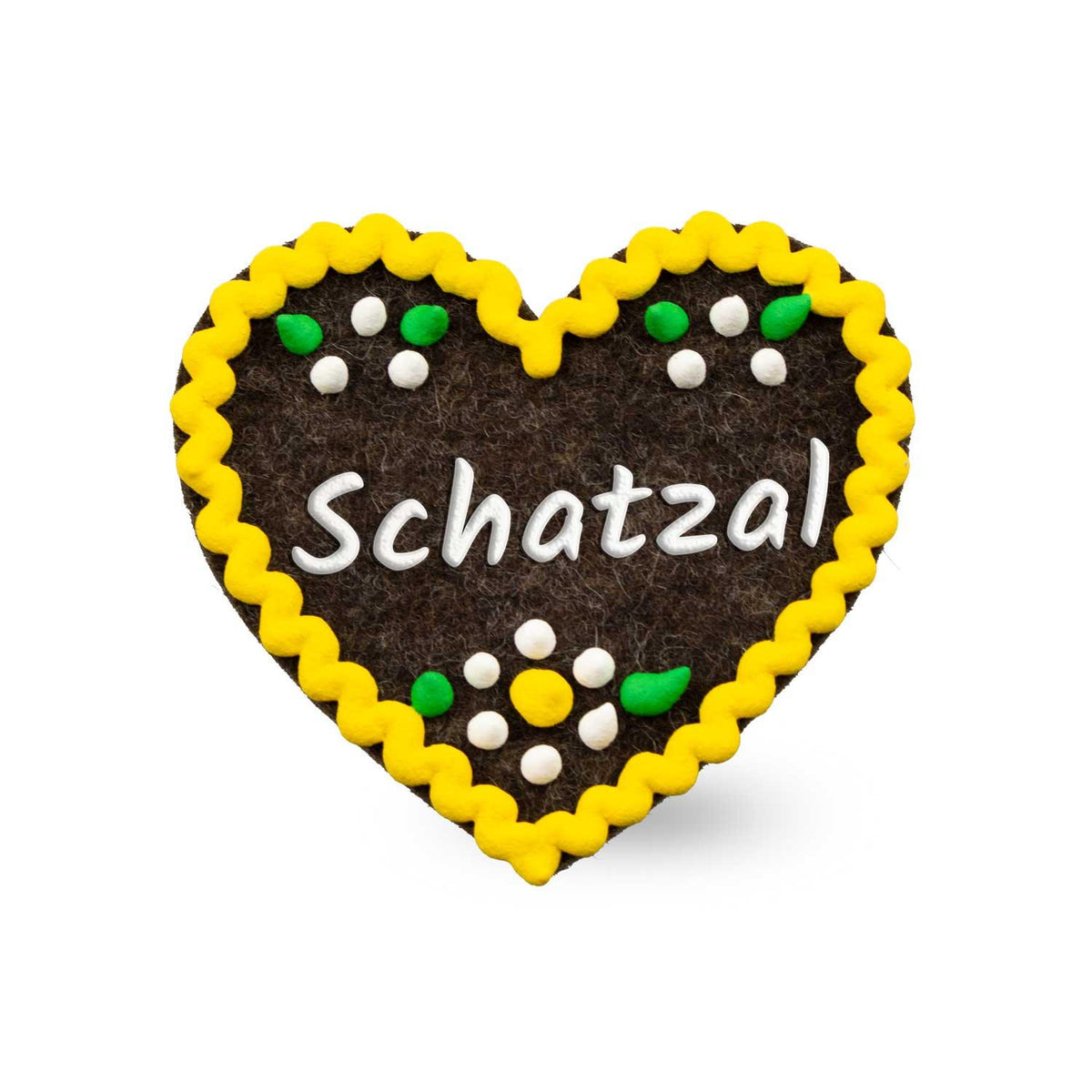 Feines Filzherz "Schatzal" Anstecker dunkelbraun mit gelber Zierborte und farbigem Blumenmuster.
