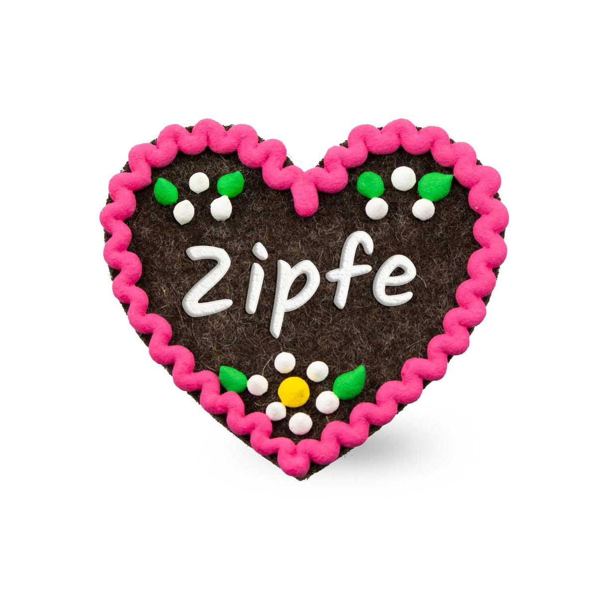 Brauner Filzherz-Anstecker "Zipfe" mit pinkem Wellenrand und bunten Blumenapplikationen in Weiß und Grün.