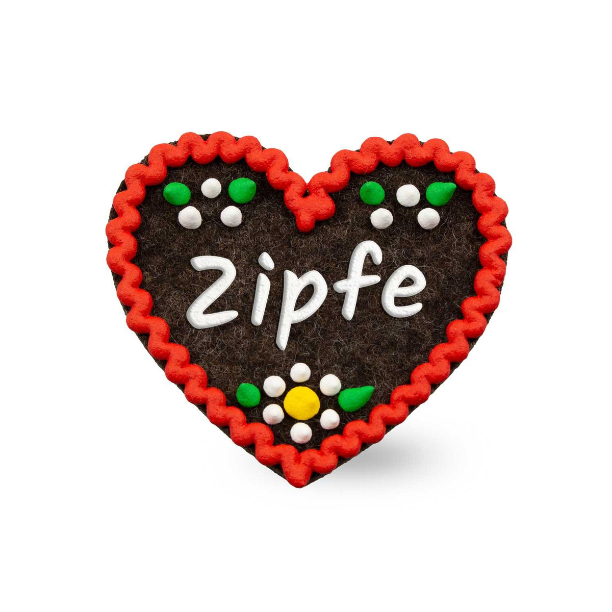 Filzherz-Anstecker Zipfe, dunkelbraun mit rotem Rand, blauer Schrift und bunten Blumenornamenten.