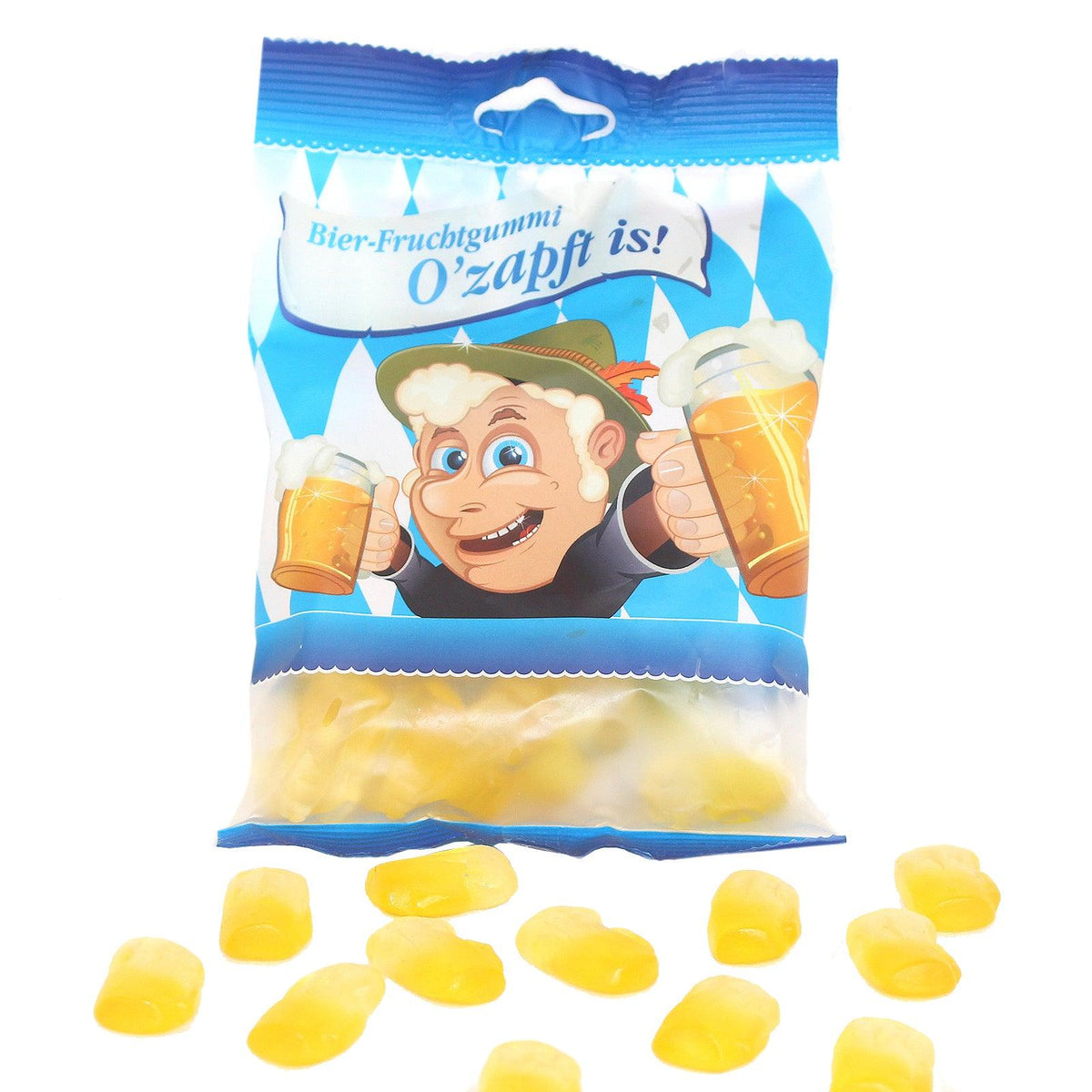 Geschenkbox "Rund um´s Bier" mit Bier-Fruchtgummi O'zapft is Packung und einzelnen Gummibärchen auf weißem Hintergrund.
