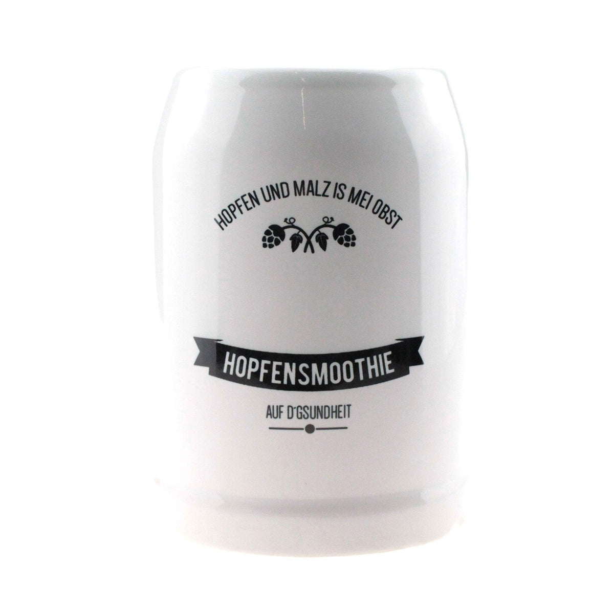 Geschenkbox Bier is guad, weißer Keramikkrug in Dosenform mit schwarzem "Hopfensmoothie" Aufdruck und Bier-Sprüchen.