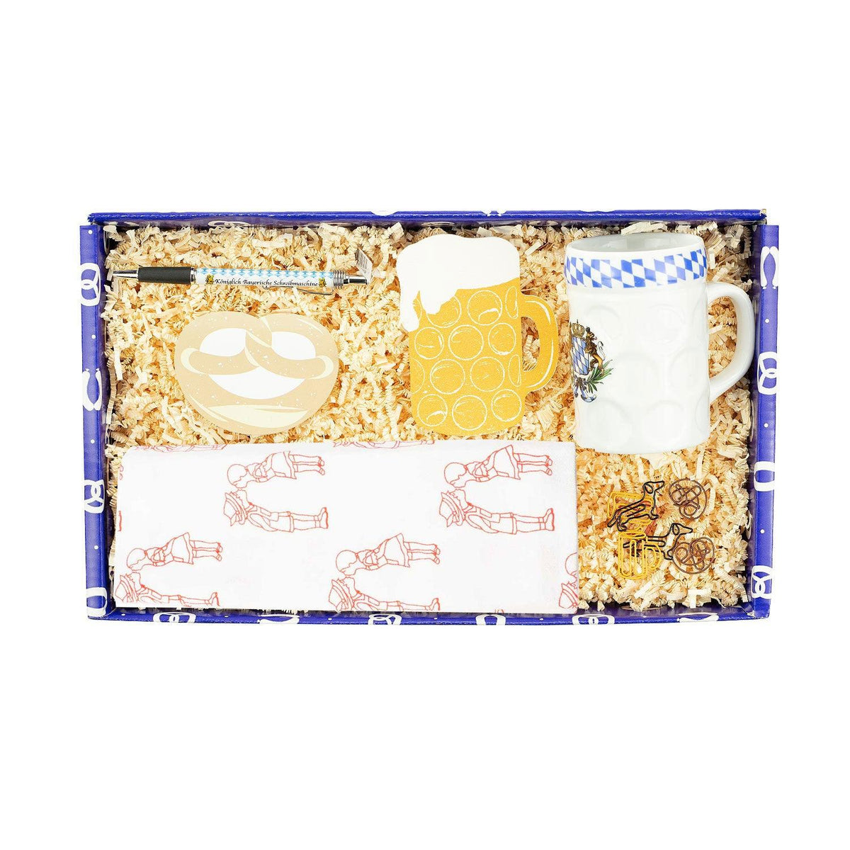 Geschenkbox Fian Haushalt mit Stift, Brezeluntersetzer, Bierkrugtasse, Biersieb und Geschirrtuch.