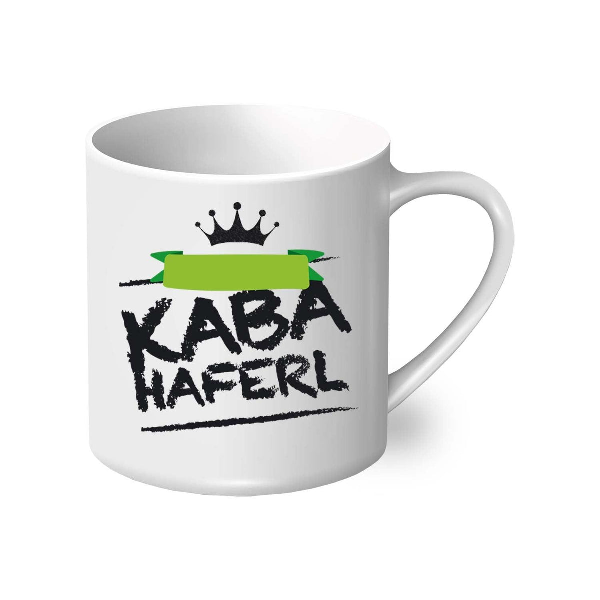 Weiße Geschenkbox Oster-Kuschln Tasse mit schwarzem KABA HAFERL Aufdruck und grüner Krone.