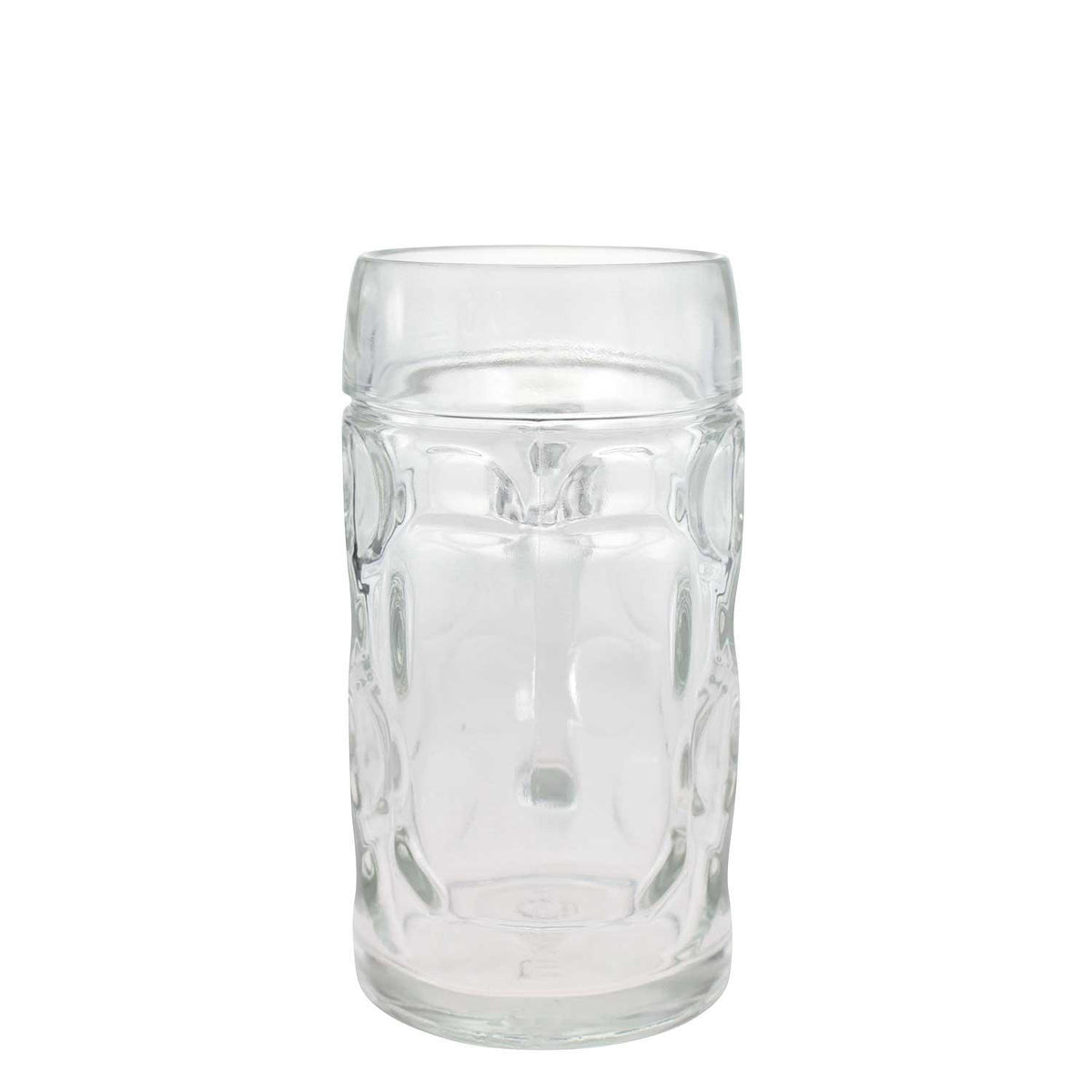 Klarer Glas Bierkrug ohne Henkel, mit Facettenmuster und glatter Oberfläche für Getränke.