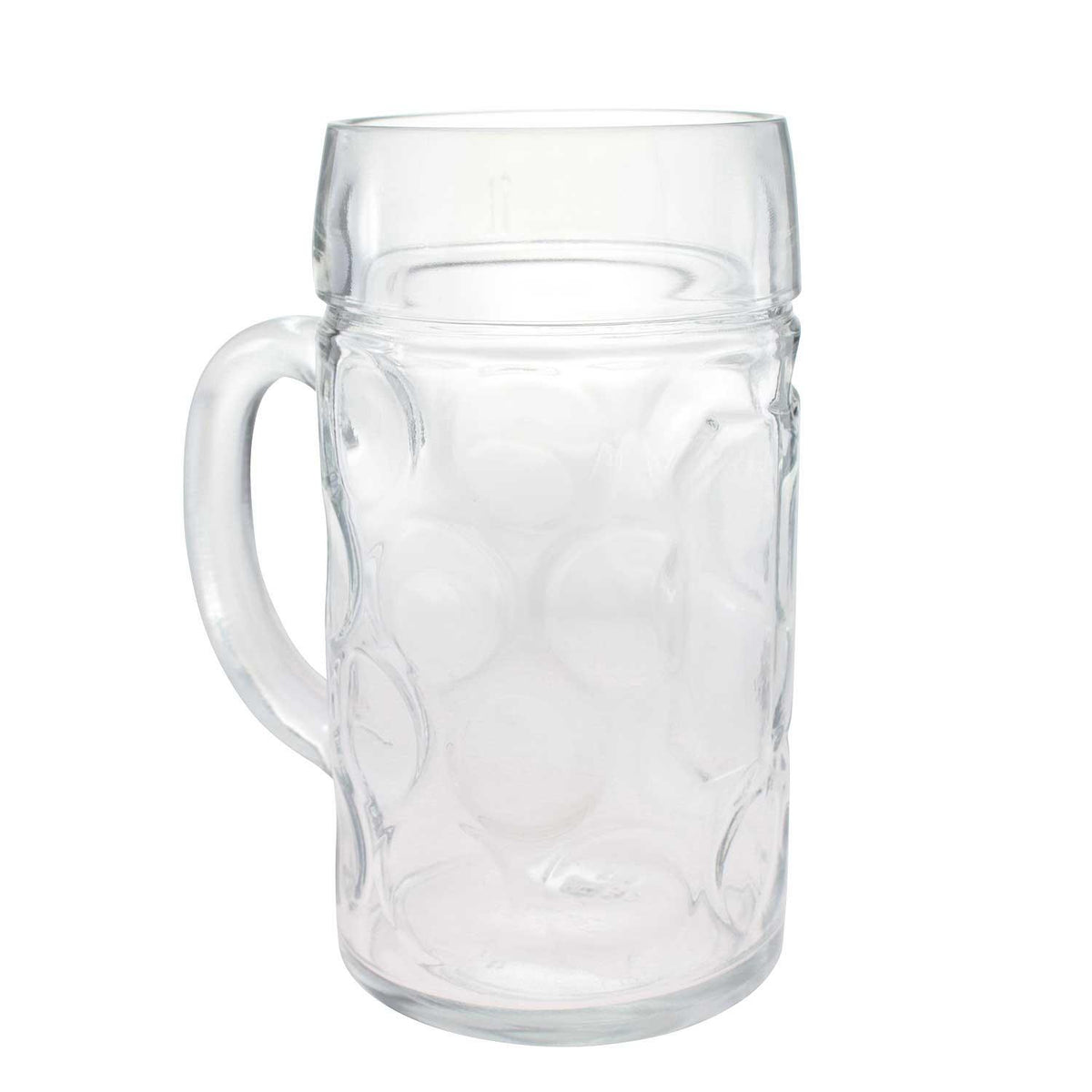 Durchsichtiger Maßkrug aus Glas mit Henkel und traditioneller Wabenstruktur, ideal für Bierliebhaber.