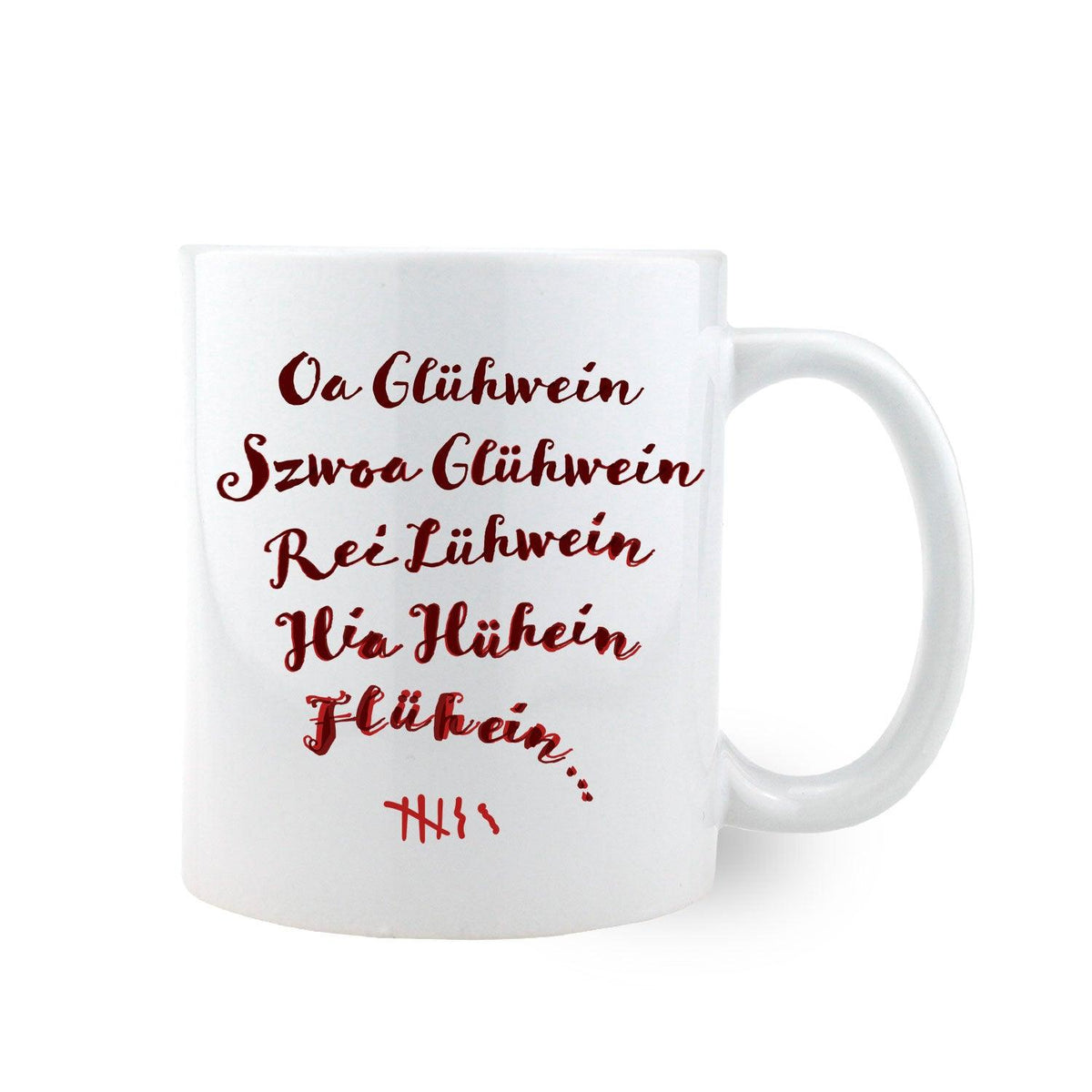 Weiße Geschenk-Tasse aus der Weihnachtsbox Glühwein mit rotem Glühwein-Trinksspruch und Strichliste, perfekt für die Feiertage.