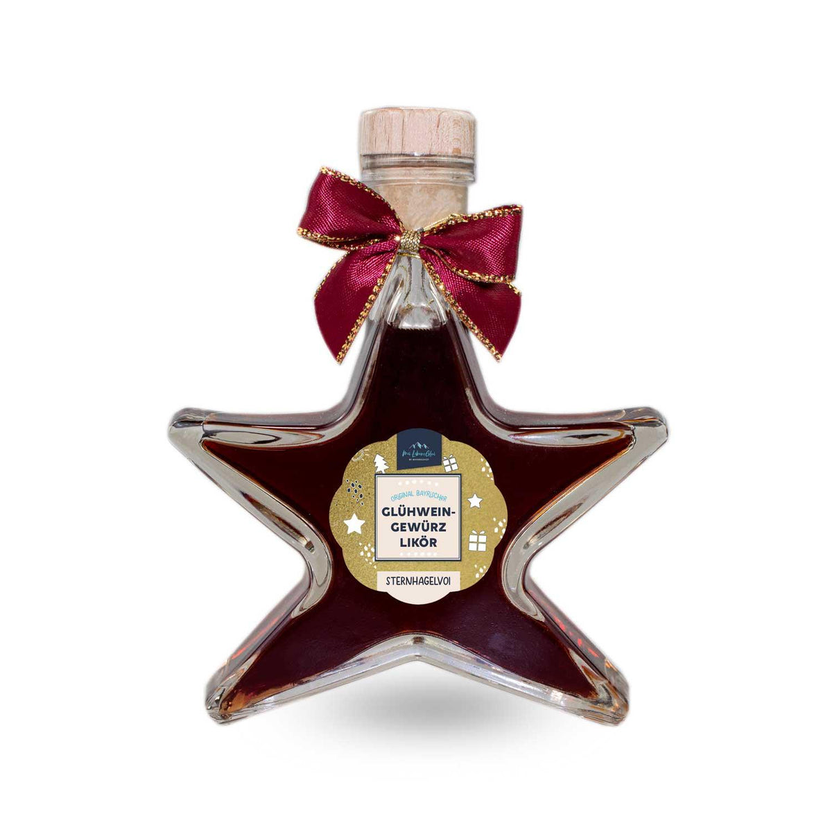 Weihnachtsbox Prost: Glühwein-Gewürzlikör in sternförmiger Flasche mit roter Schleife und Korken.