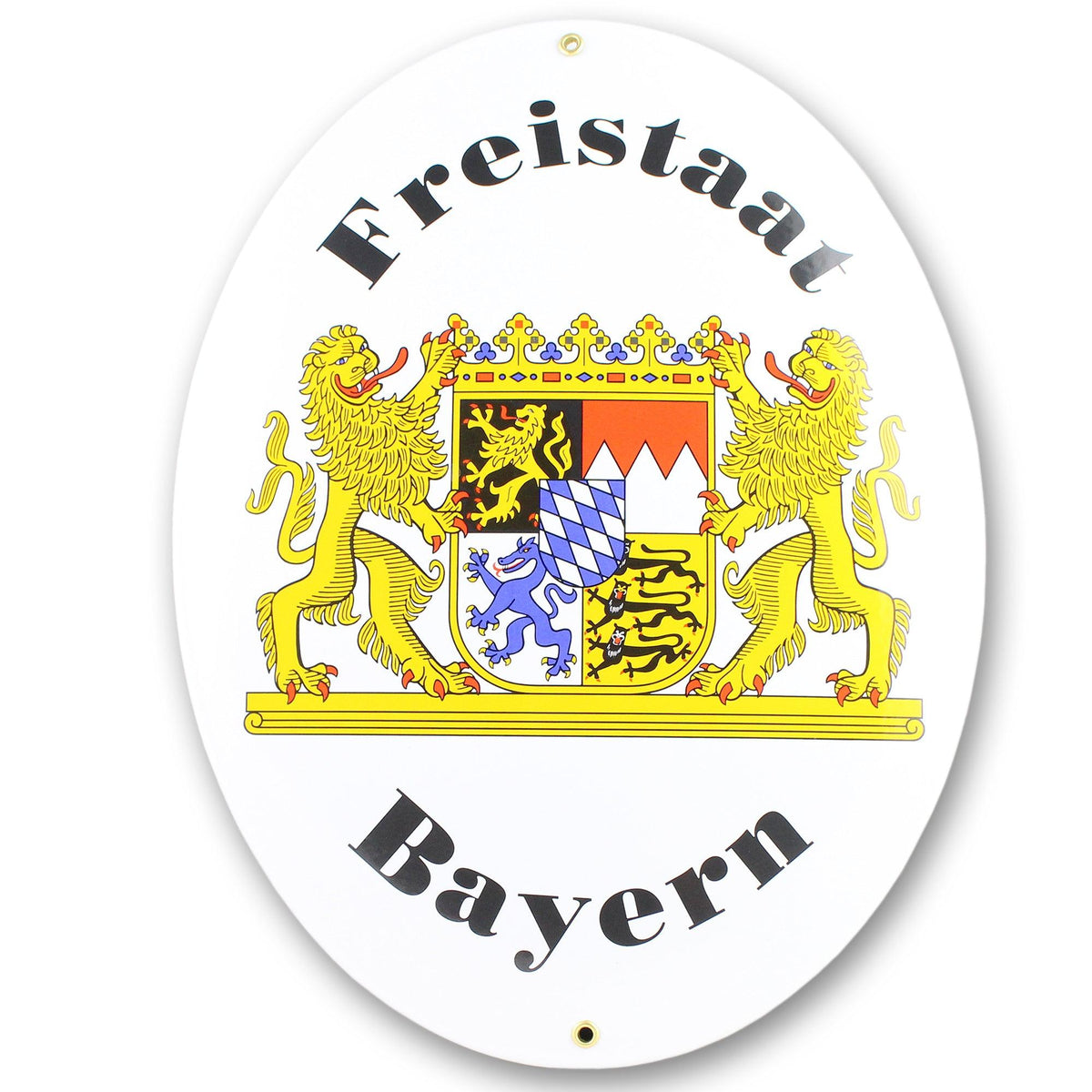 Ovales Freistaat Bayern Emblem mit bayerischem Staatswappen, goldene Löwen und Rautenmuster.