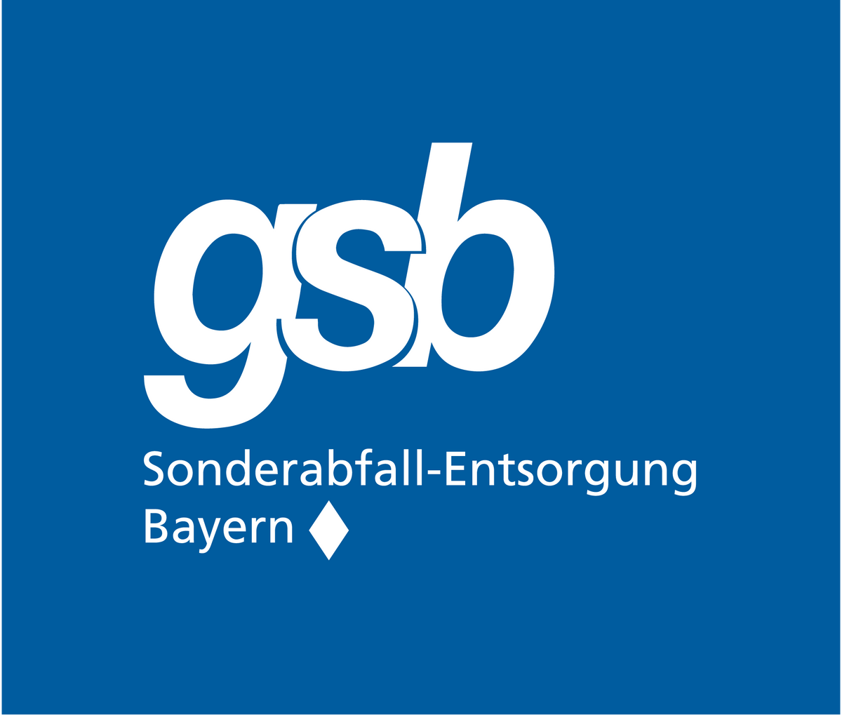 Blaues Logo der GSB (Gesellschaft zur Sonderabfall-Entsorgung in Bayern) mit weißem Schriftzug und Raute.