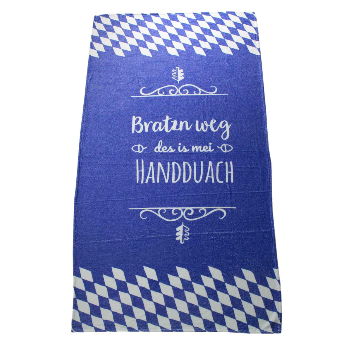 Blaues Oktoberfest Handtuch mit bayerischem Rautenmuster Rand und Spruch "Bratzn weg des is mei Handduach