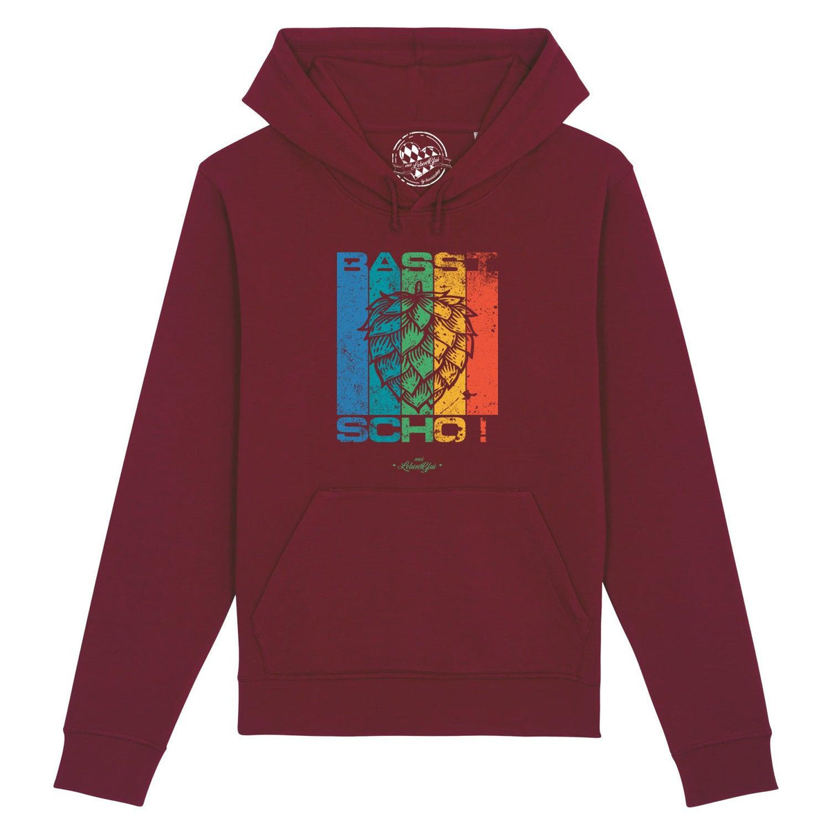 Hoodie "Basst scho" in Bordeauxrot mit farbigem Hopfen-Print und Schriftzug, ideal für Bierliebhaber.