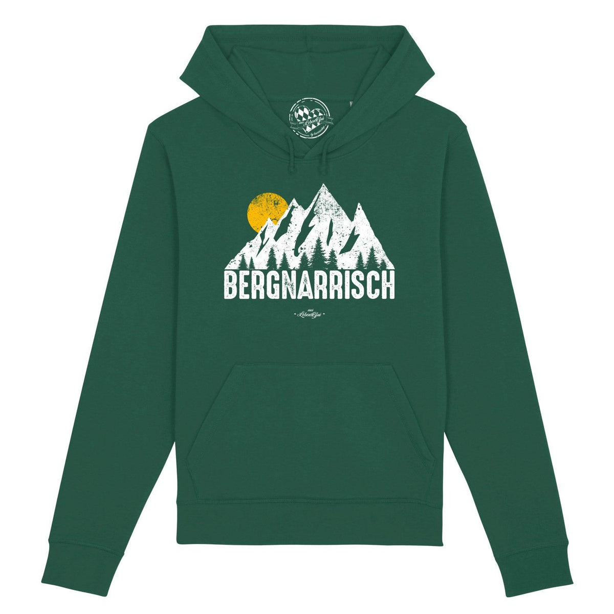 Grüner Hoodie "Bergnarrisch" mit weißem Berg- und Sonnen-Print, gerippten Bündchen und Bauchtasche.