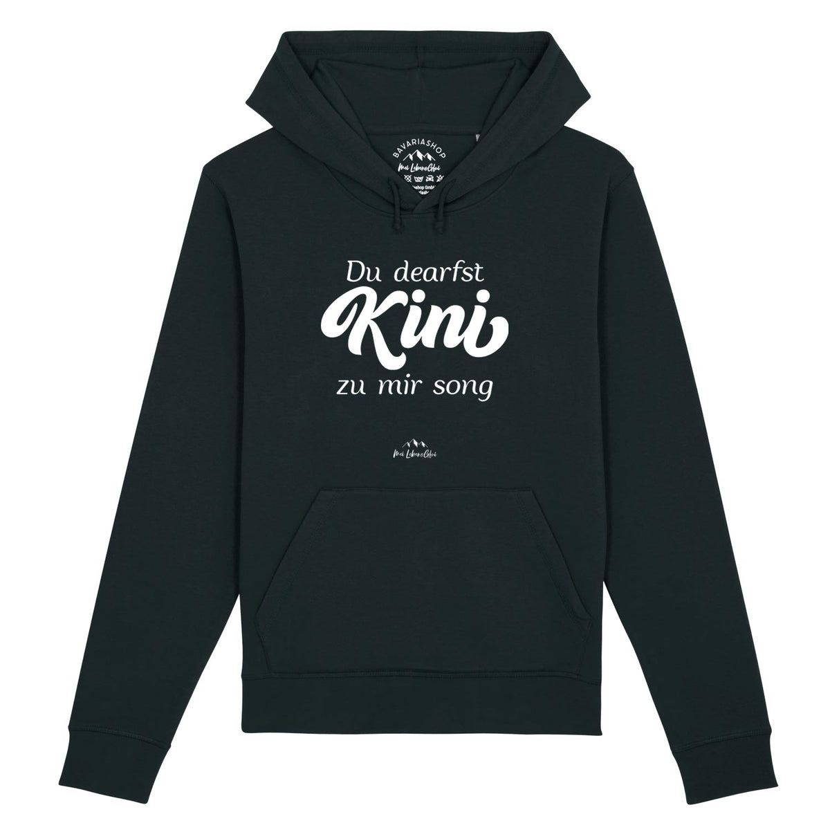 Schwarzer Herren Hoodie "Du dearfst Kini zu mir sogn" mit weißem bayerischem Spruch auf der Brust und Kapuze.