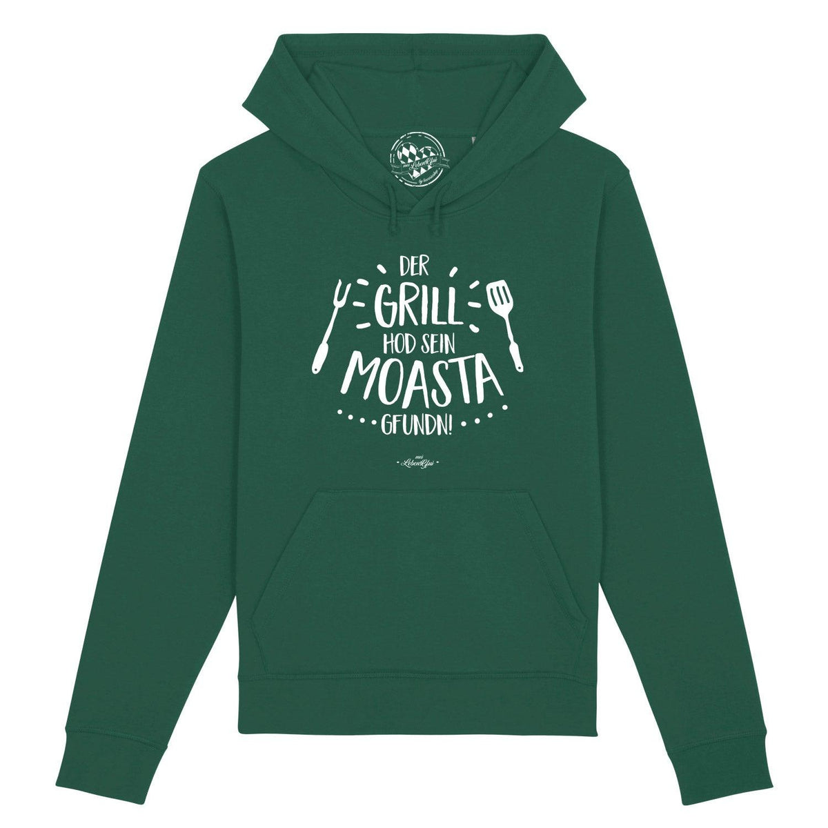 Dunkelgrüner Herren Hoodie GrillMoasta mit weißem Spruch "Der Grill hod sein Moasta gfundn" und Grillbesteck.