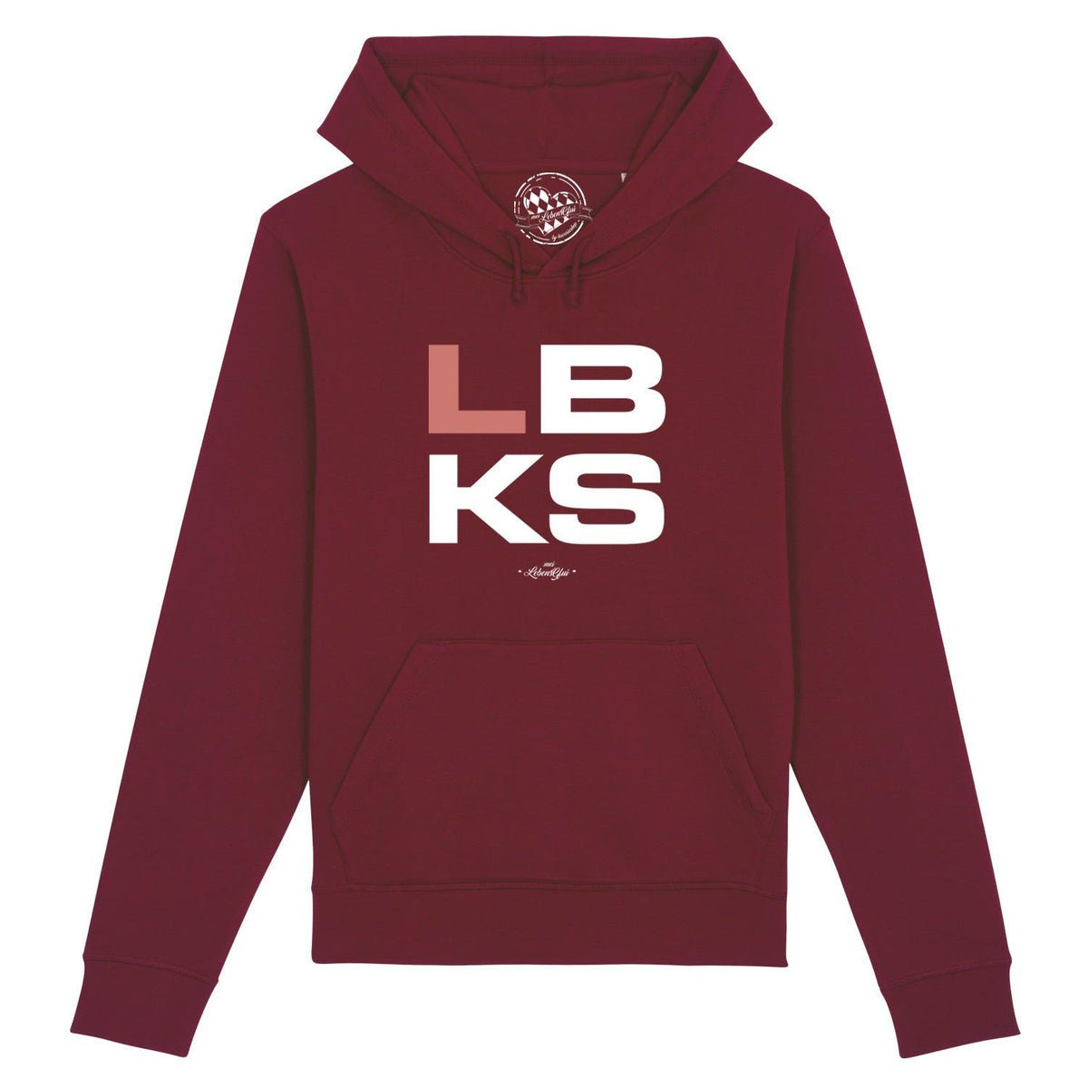 Bordeauxroter Herren Hoodie "LBKS" mit weißem Logo-Print, Kapuze und Kängurutasche.