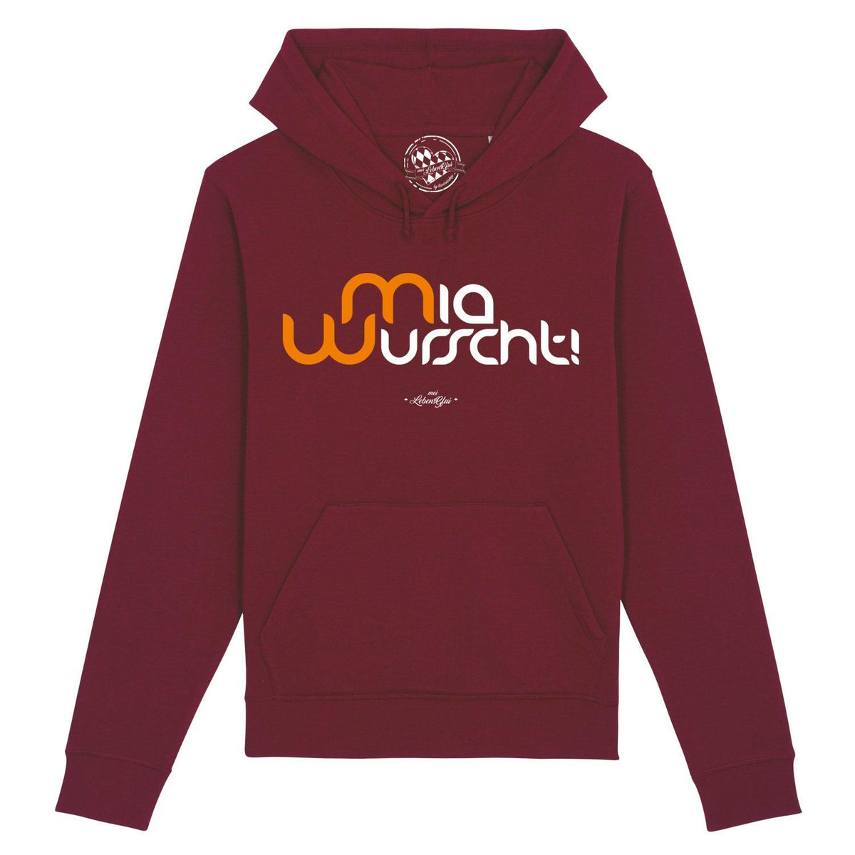 Herren Hoodie Mia Wurscht in dunklem Rot, vorne mit orange-weißem Schriftzug und Kängurutasche.
